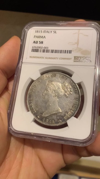《竞宝斋》第224场-周日，周一，周二 3场 (全场包邮) NGC AU58 意大利1815年帕尔马5里拉银币，原味好细节，性价比好，近年热门品种，日本AW拍卖的63分达到了创纪录4.5万人民币
