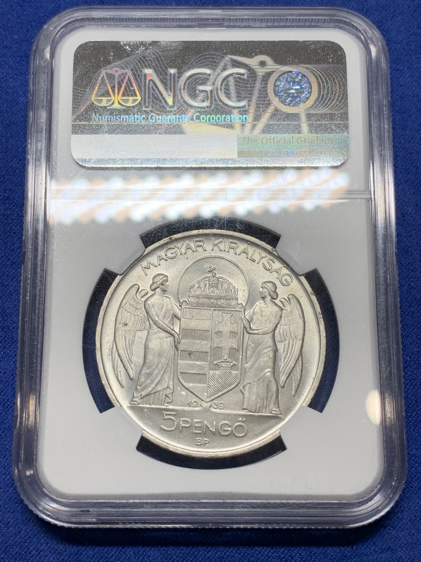 《竞宝斋》第224场-周日，周一，周二 3场 (全场包邮) NGC-MS63+ 1939年BP版匈牙利王国5潘果银币，正面著名摄政王霍尔蒂，高分经典品种