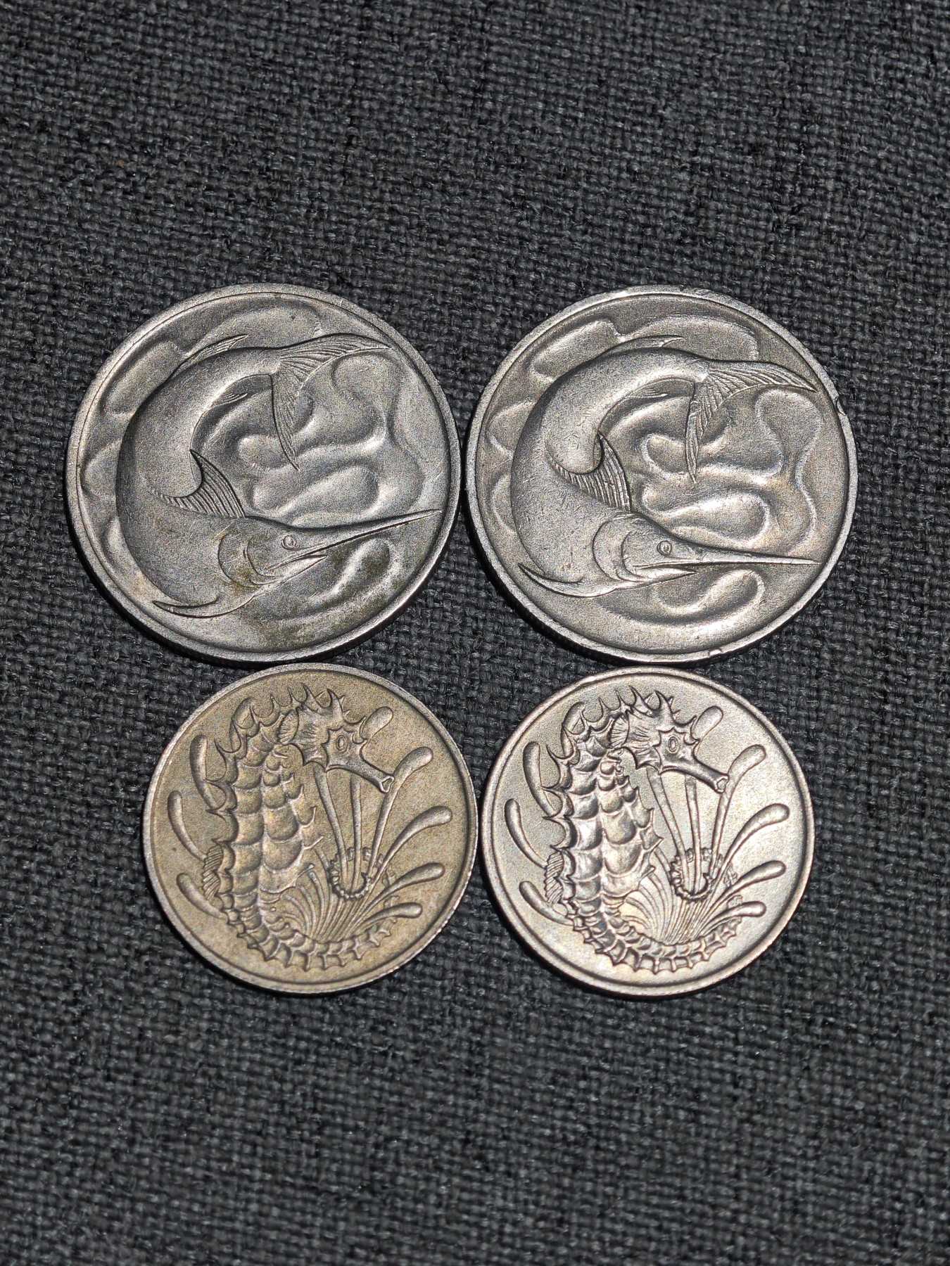 外国硬币收藏第5期 新加坡老版剑鱼、海马20分、10分4枚