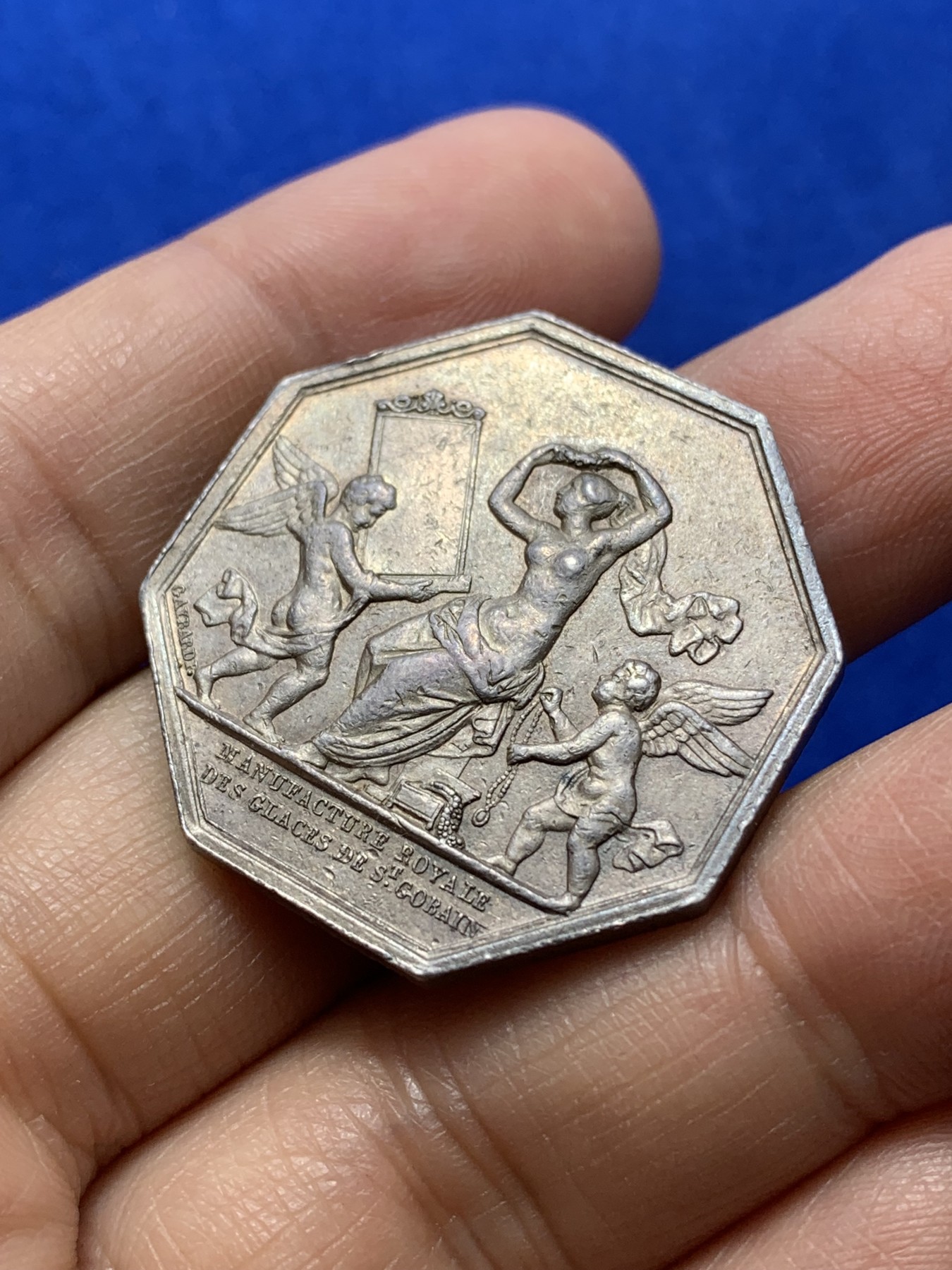 《竞宝斋》第224场-周日，周一，周二 3场 (全场包邮) 法国圣戈班制镜公司八角银质代币，19.20g，32.3mm，少见的油灯边铭（1832-1841年）