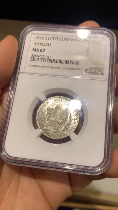 《竞宝斋》第224场-周日，周一，周二 3场 (全场包邮) NGC-MS67 1826年瑞士阿尔高1巴增银币 极品，冠军分，底板完美，近200年历史的币还能保存的如此之好，非常难得