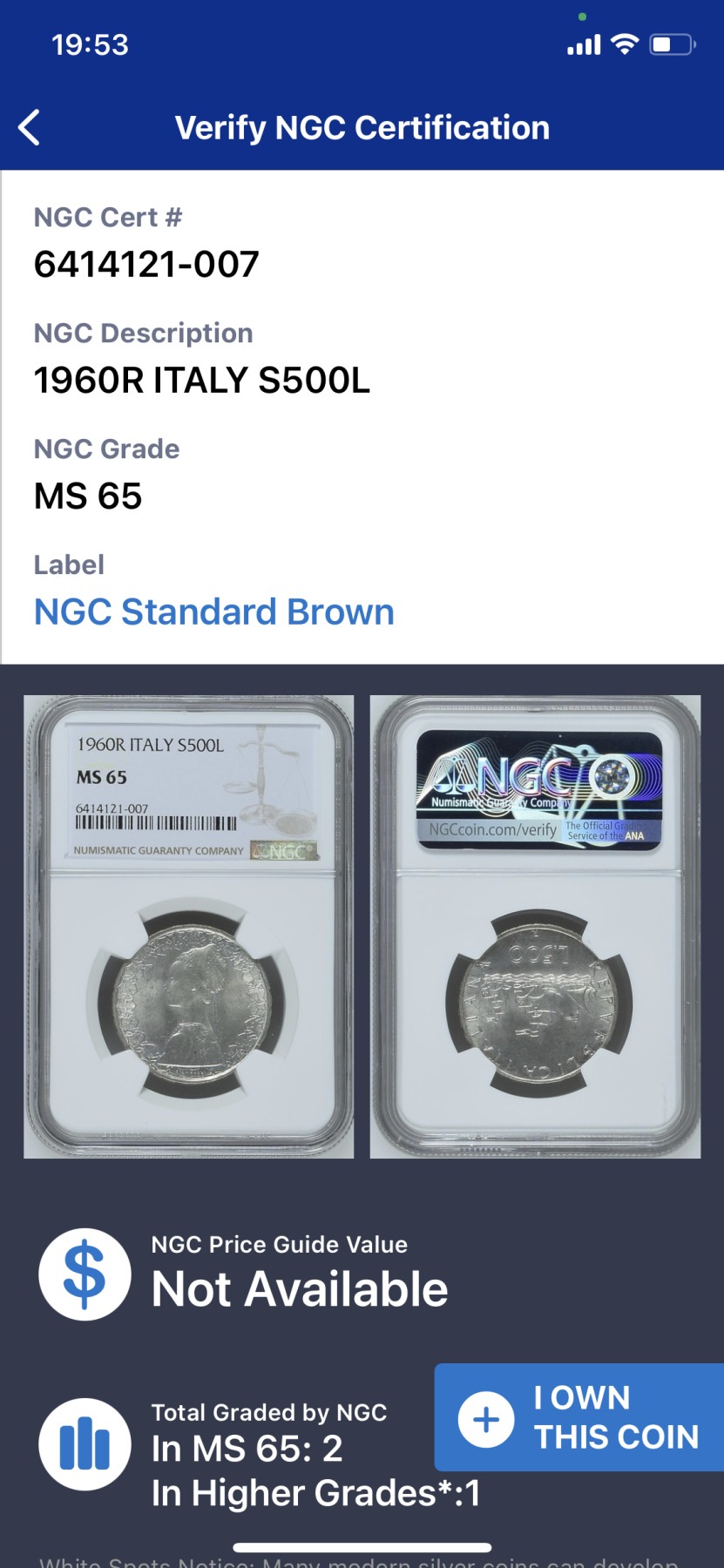 《竞宝斋》第224场-周日，周一，周二 3场 (全场包邮) NGC-MS65 意大利1960年人妻500里拉银币 亚军分 1958年开始发行，早期高分少，著名雕刻师Pietro Giampaoli以自己妻子为原型设计