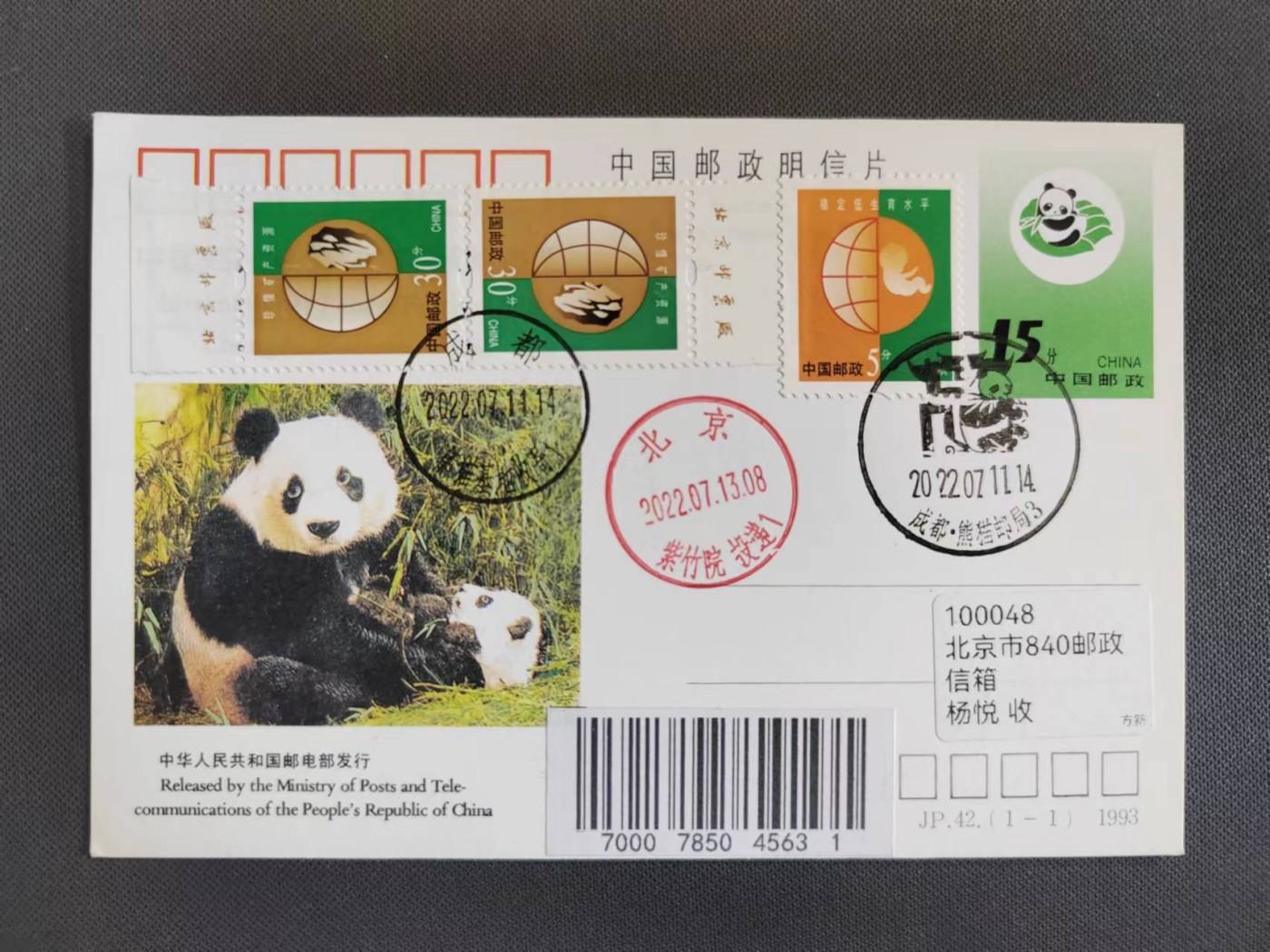 【第61期】莲池国际邮品拍卖 【JP纪念邮资片】JP国际熊猫节 销成都熊猫邮局 实寄