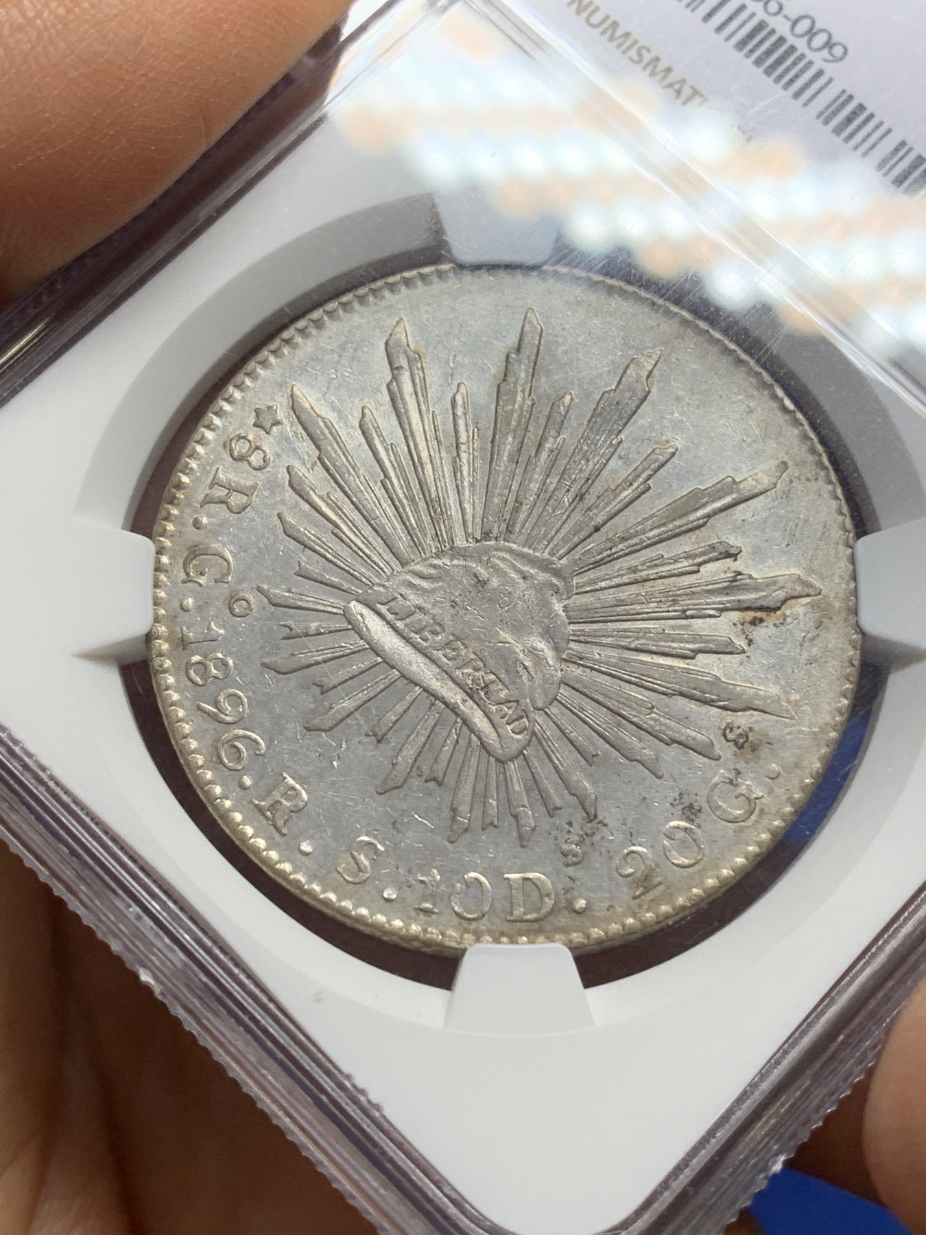 《竞宝斋》第224场-周日，周一，周二 3场 (全场包邮) NGC-AU53 墨西哥 1896年 8R 花边鹰洋 银币 GO RS 深打 状态好