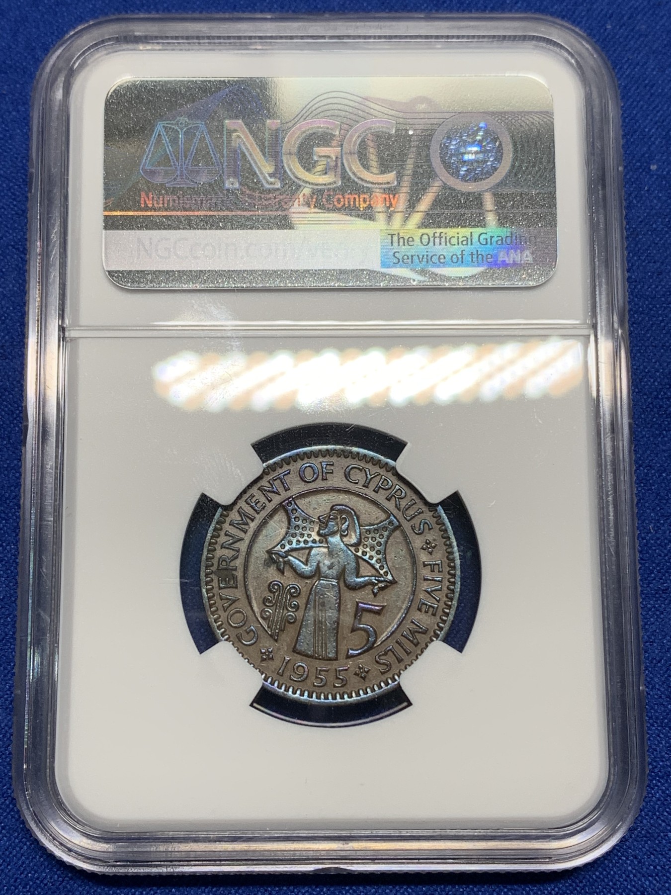 《竞宝斋》第224场-周日，周一，周二 3场 (全场包邮) NGC XF45 1955年英属塞浦路斯5M铜币