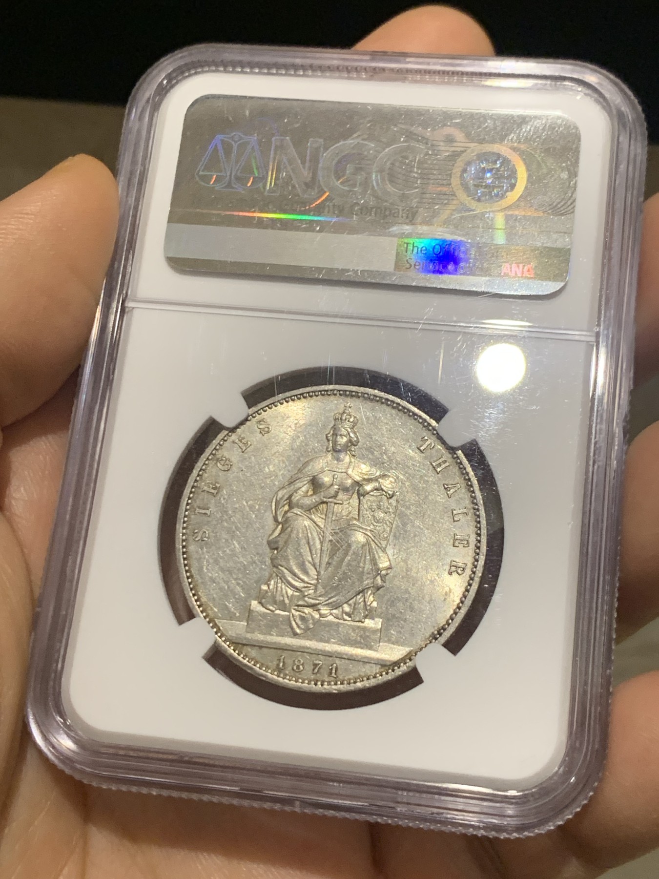 《竞宝斋》第224场-周日，周一，周二 3场 (全场包邮) NGC-AU55 德国1871年A普鲁士胜利泰勒，原味包浆 58分的状态 确实低评了