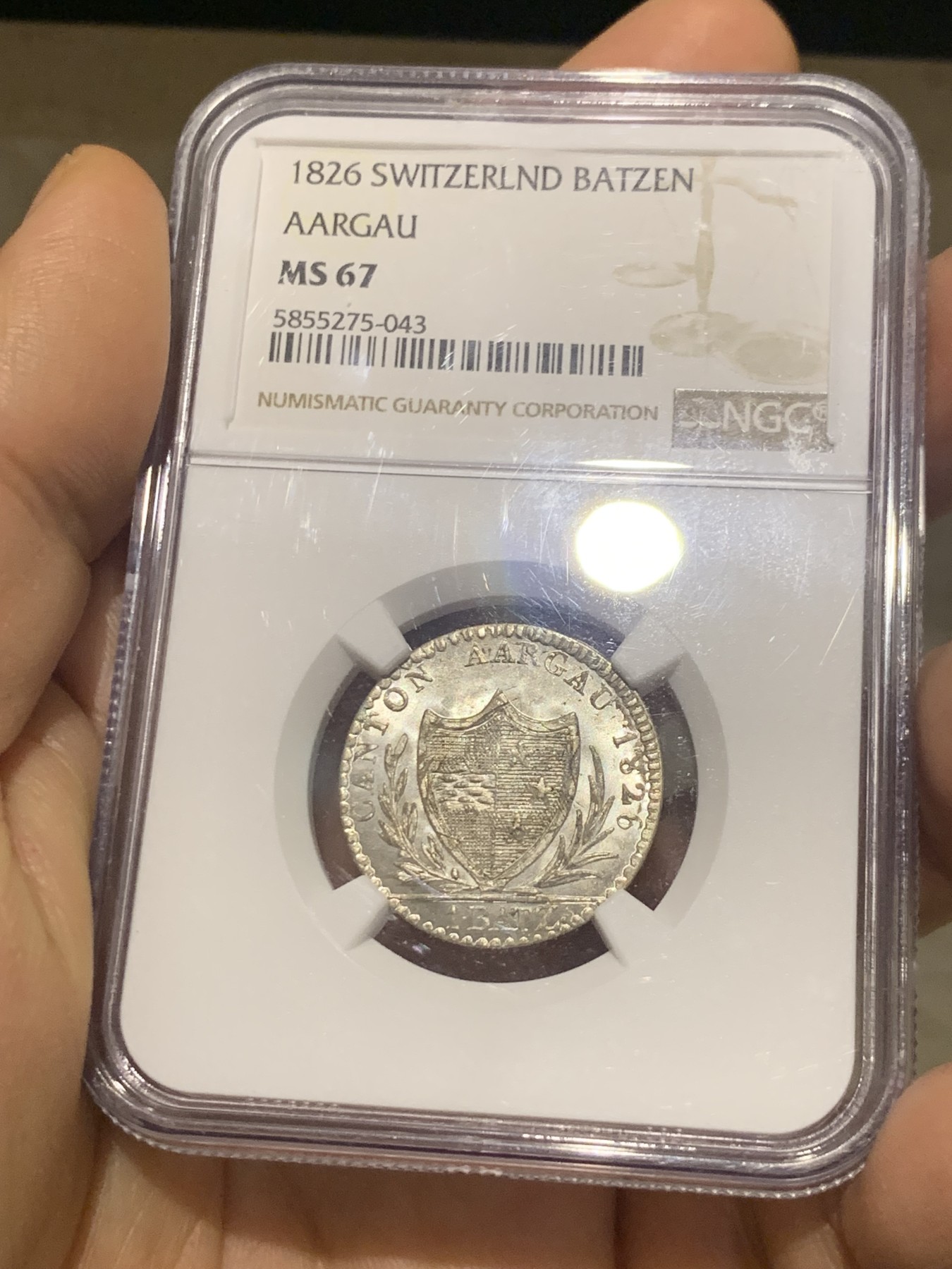 《竞宝斋》第224场-周日，周一，周二 3场 (全场包邮) NGC-MS67 1826年瑞士阿尔高1巴增银币 极品，冠军分，底板完美，近200年历史的币还能保存的如此之好，非常难得
