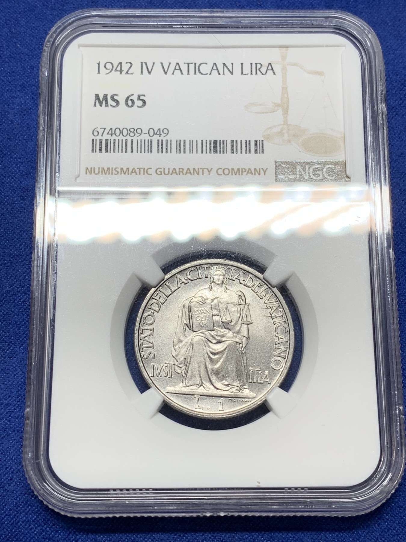 《竞宝斋》第224场-周日，周一，周二 3场 (全场包邮) NGC MS65 梵蒂冈1942年1里拉，高分好品