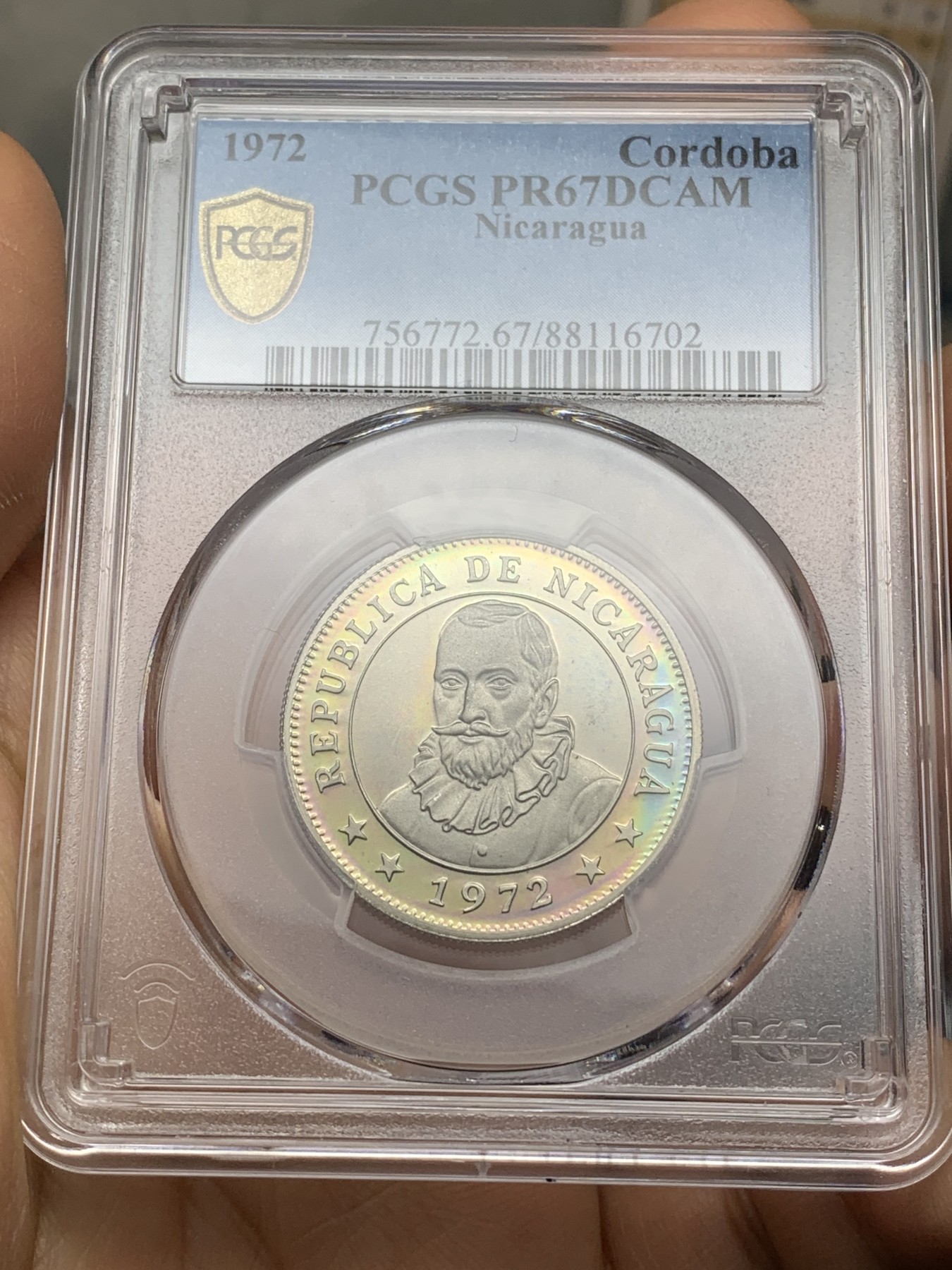 《竞宝斋》第224场-周日，周一，周二 3场 (全场包邮) PCGS金盾 PR67DCAM 尼加拉瓜1972年南美太阳神1科多巴精制镍币