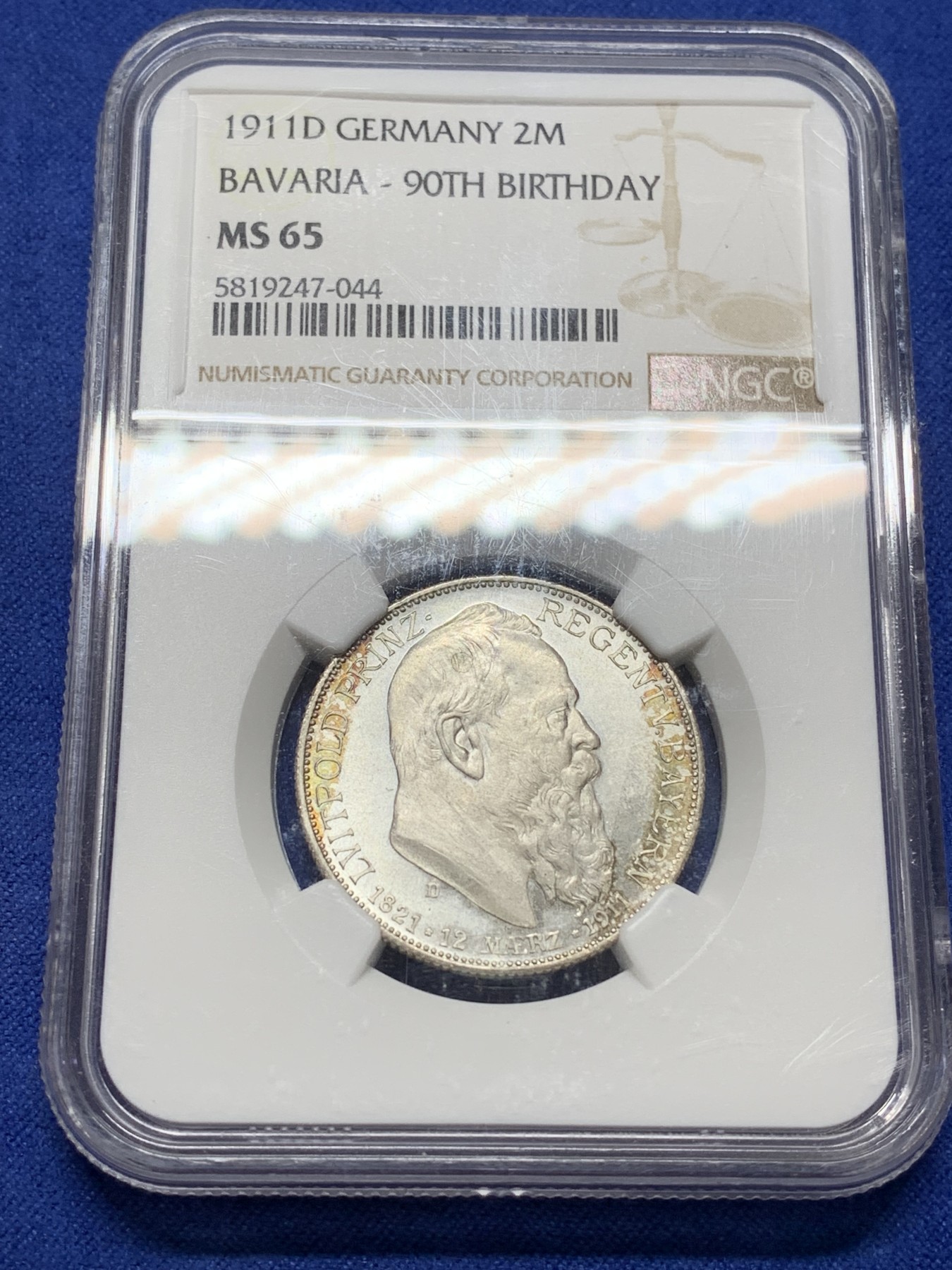 《竞宝斋》第224场-周日，周一，周二 3场 (全场包邮) NGC MS65 德国1911年巴伐利亚柳特波德90大寿2马克银币