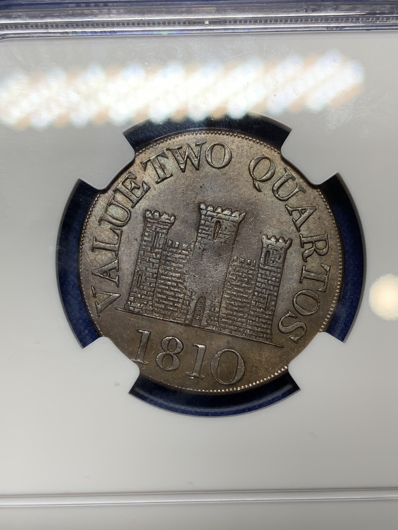 《竞宝斋》第224场-周日，周一，周二 3场 (全场包邮) 唯一冠军分 NGC MS63 BN 英属直布罗陀 1810  小字版 2夸脱 铜币 单年单版 稀见品种