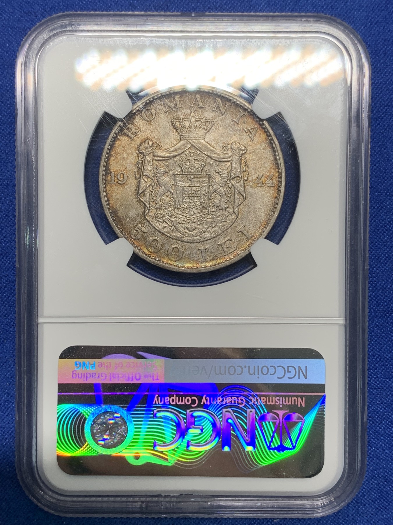 《竞宝斋》第224场-周日，周一，周二 3场 (全场包邮) NGC-MS62 1944年罗马尼亚500L银币，双面深彩环彩包浆，带原光