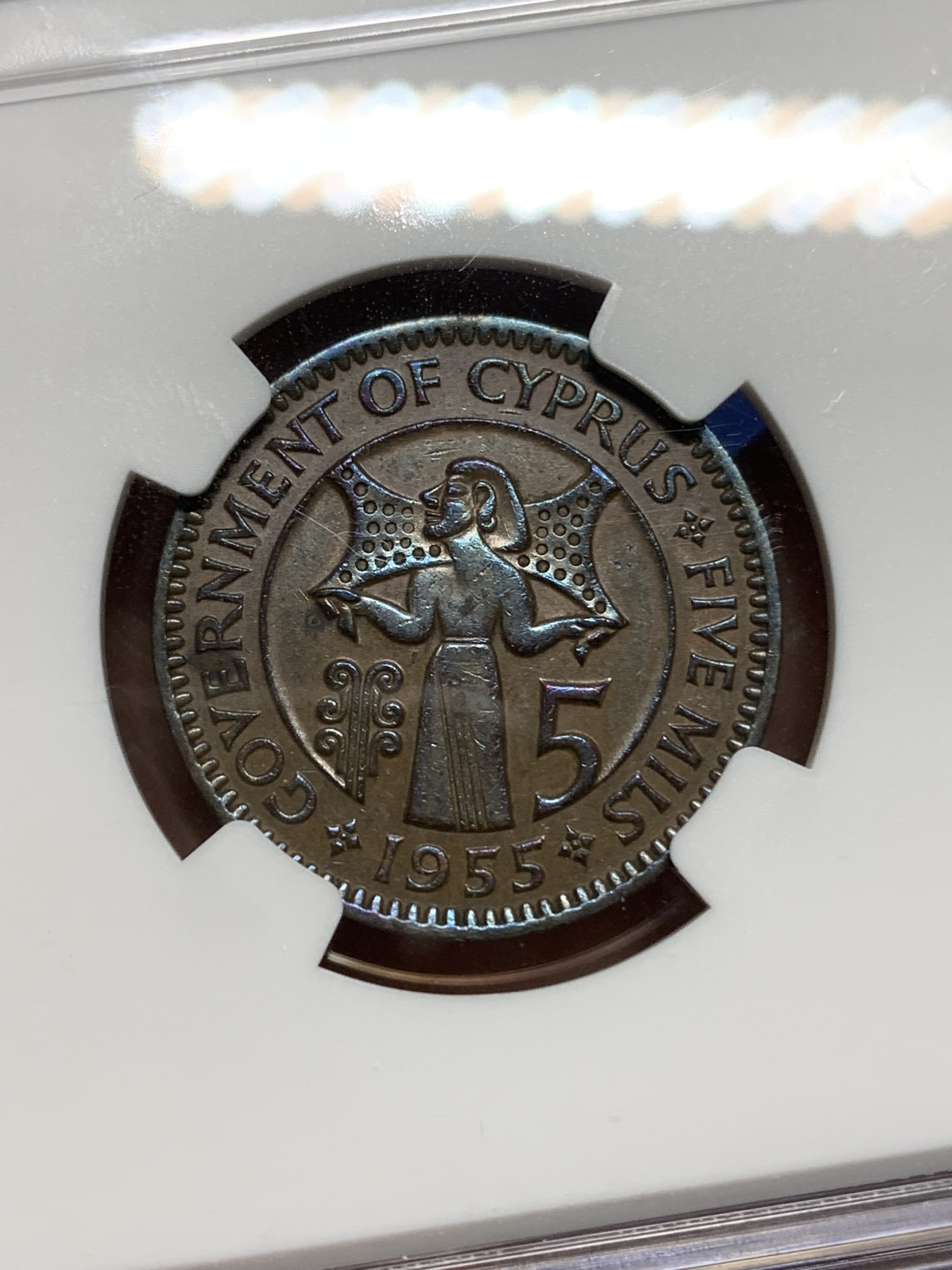 《竞宝斋》第224场-周日，周一，周二 3场 (全场包邮) NGC XF45 1955年英属塞浦路斯5M铜币