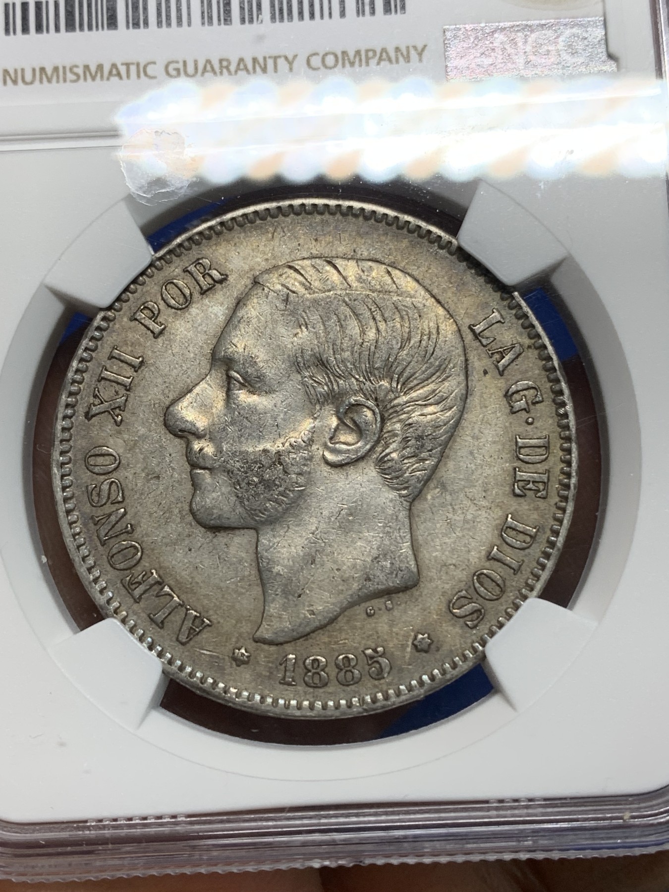 《竞宝斋》第224场-周日，周一，周二 3场 (全场包邮) NGC-XF45 西班牙1885年 阿方索十二世 5比塞塔双柱大银币