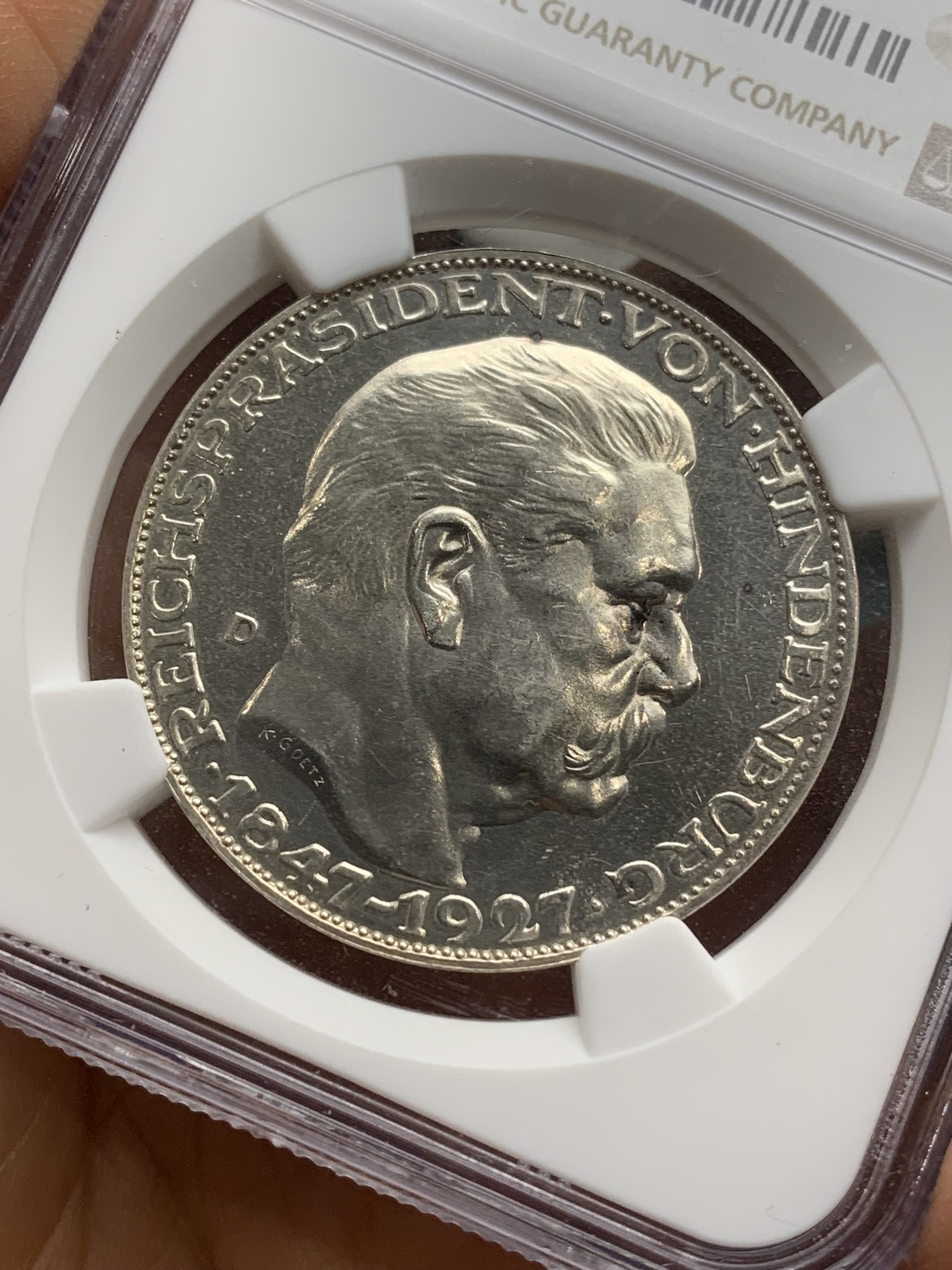 《竞宝斋》第224场-周日，周一，周二 3场 (全场包邮) NGC-MS61 德国 1927年 兴登堡5马克币章 打制精美 底板丝滑