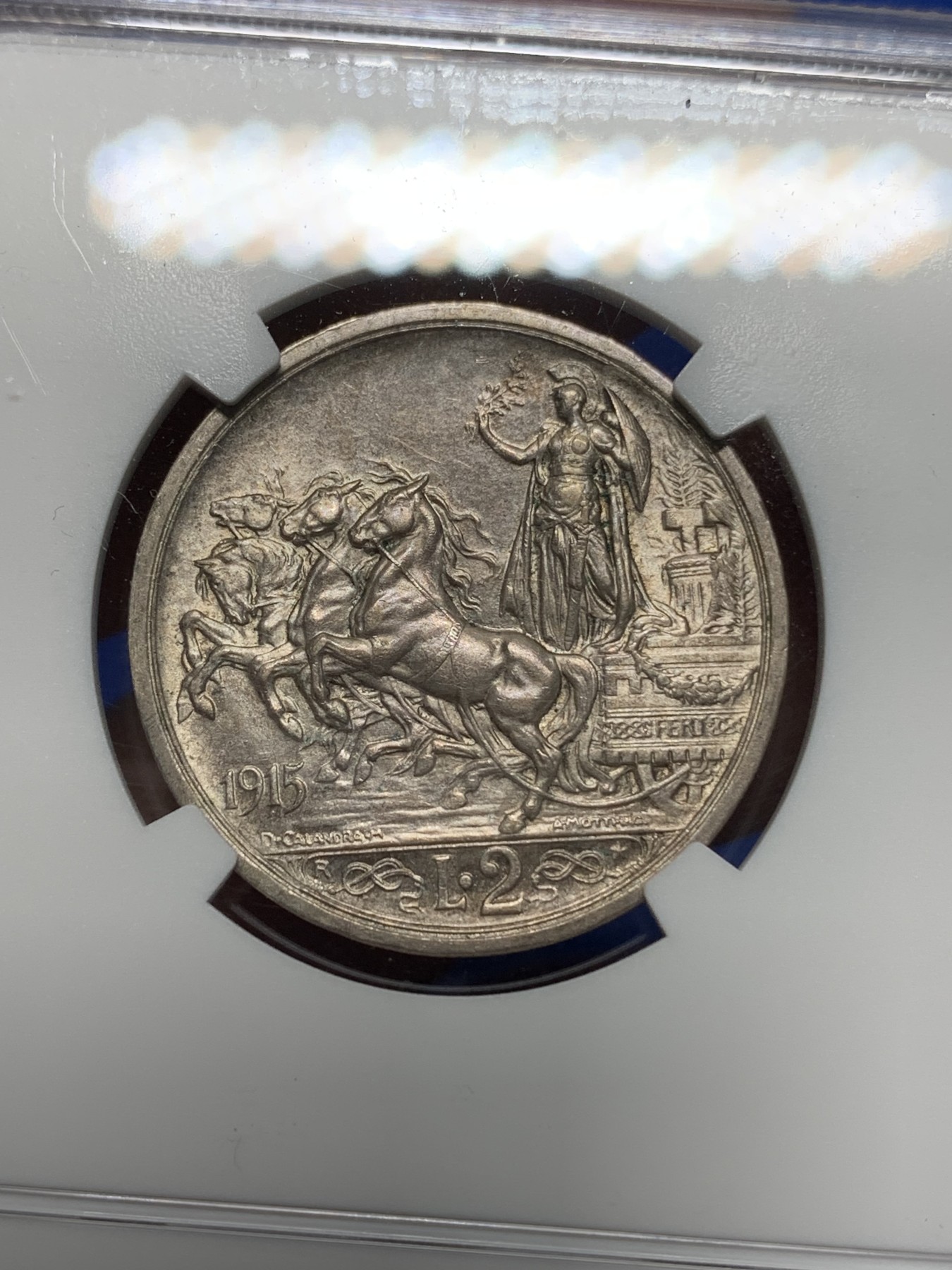 《竞宝斋》第224场-周日，周一，周二 3场 (全场包邮) NGC MS62 意大利1915-R 女神马车 2里拉银币