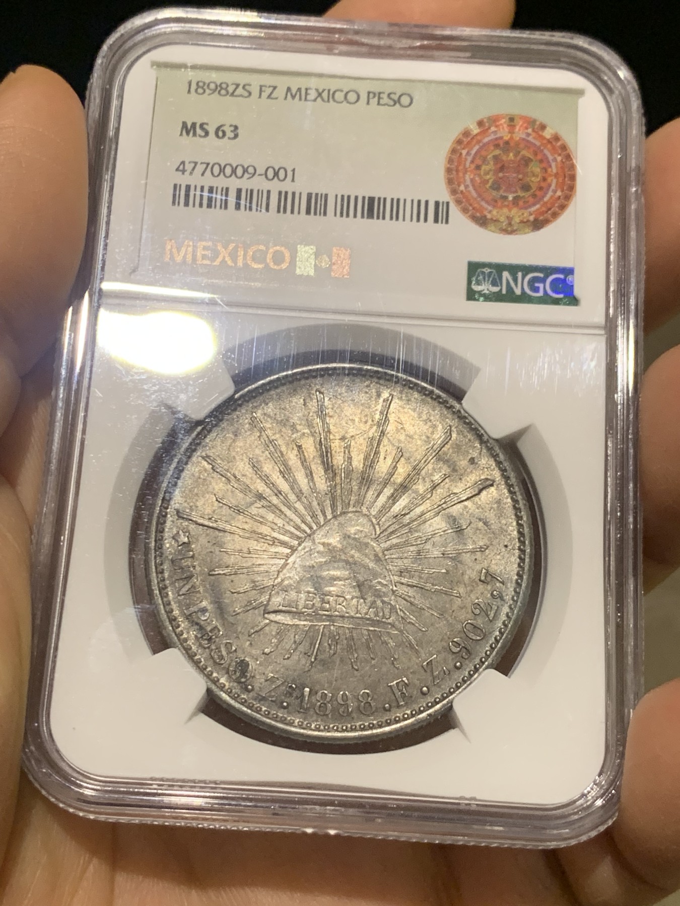 《竞宝斋》第224场-周日，周一，周二 3场 (全场包邮) NGC MS63 墨西哥1898年ZSFZ版直边鹰洋一比索银币 原铸版高分市面上见的不多 墨西哥本土ngc评级