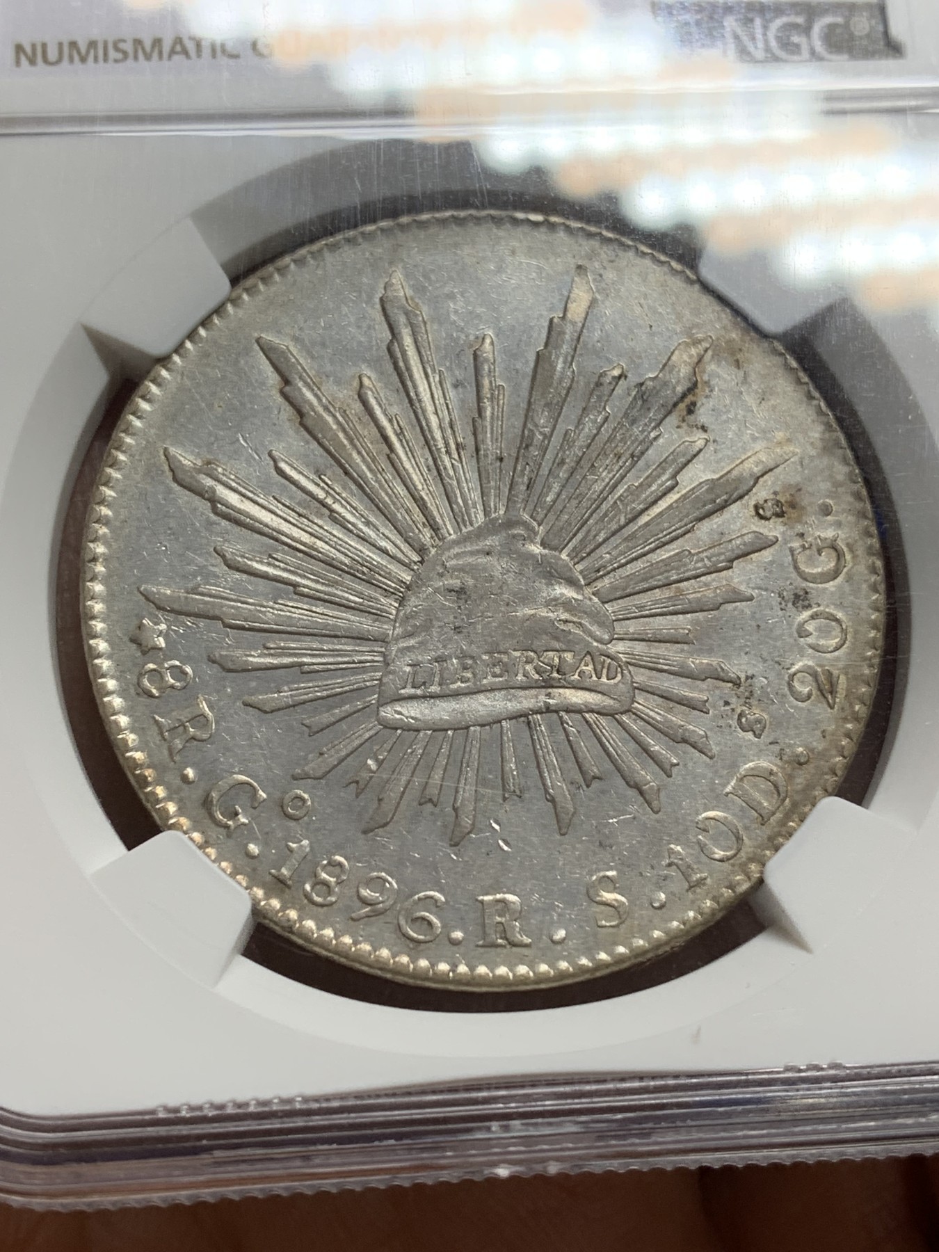 《竞宝斋》第224场-周日，周一，周二 3场 (全场包邮) NGC-AU53 墨西哥 1896年 8R 花边鹰洋 银币 GO RS 深打 状态好