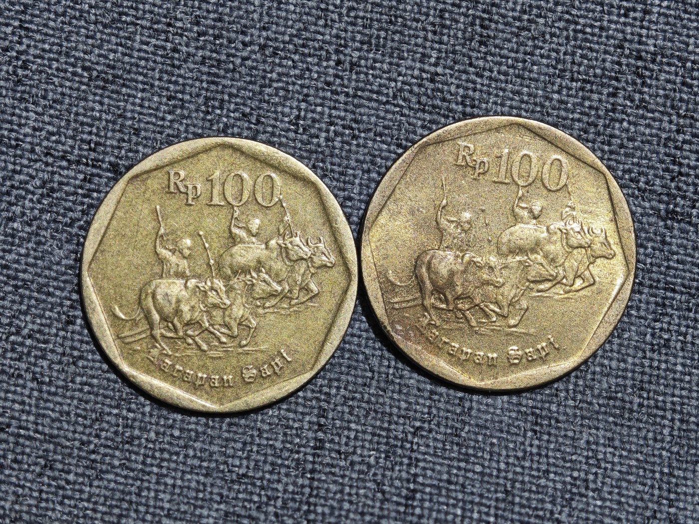 外国硬币收藏第5期 印度尼西亚90年代耕牛100卢比多边形铜币2枚