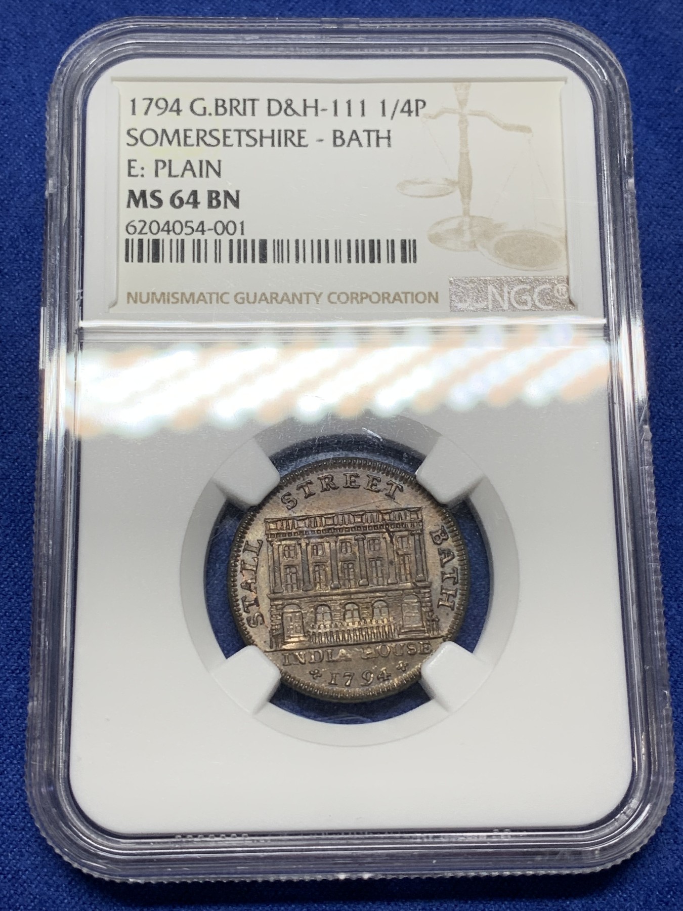 《竞宝斋》第224场-周日，周一，周二 3场 (全场包邮) NGC-MS64 英国1794年萨默塞特郡1法新代币 稀少带汉字代币