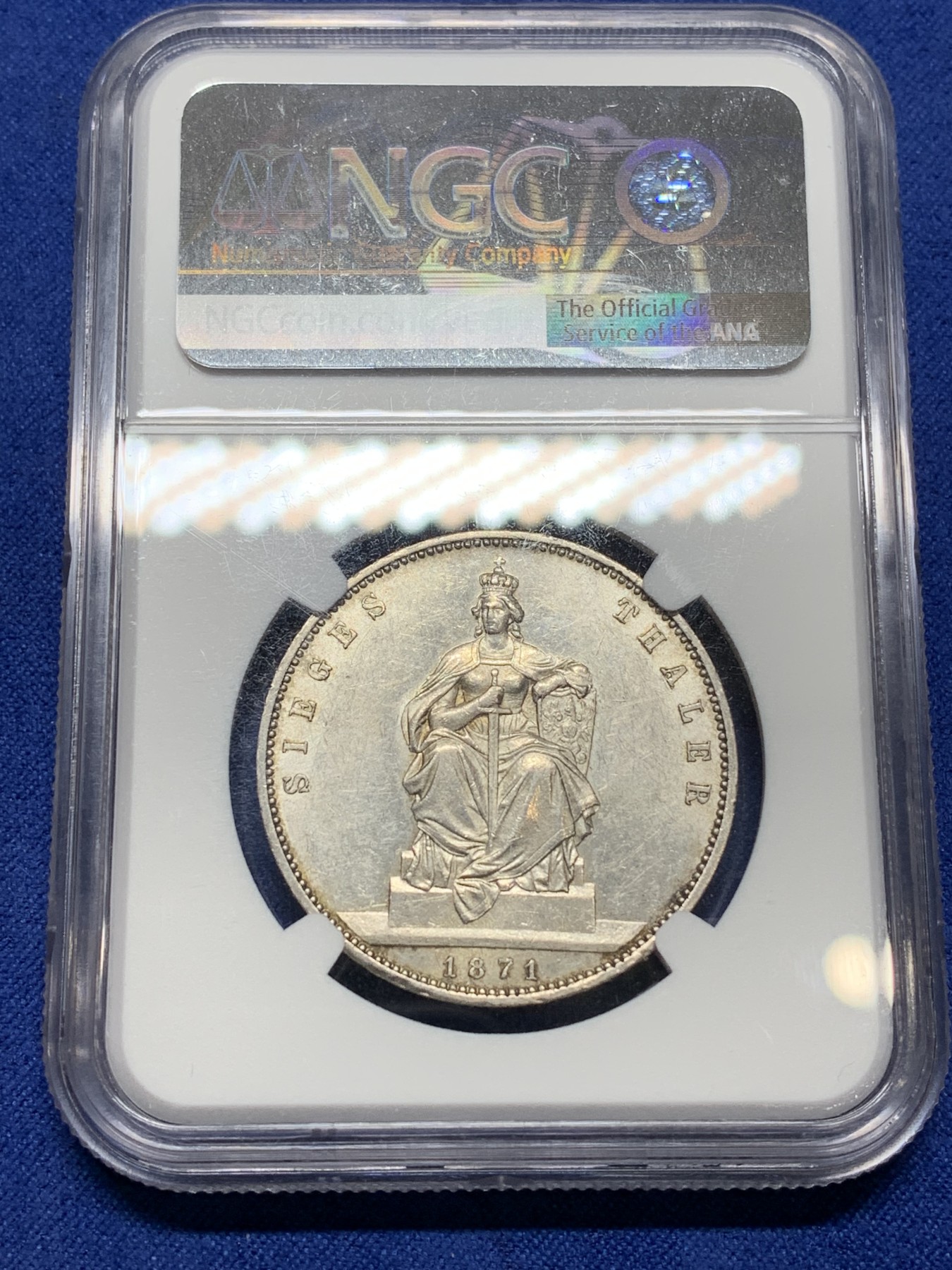 《竞宝斋》第224场-周日，周一，周二 3场 (全场包邮) NGC-AU55 德国1871年A普鲁士胜利泰勒，原味包浆 58分的状态 确实低评了