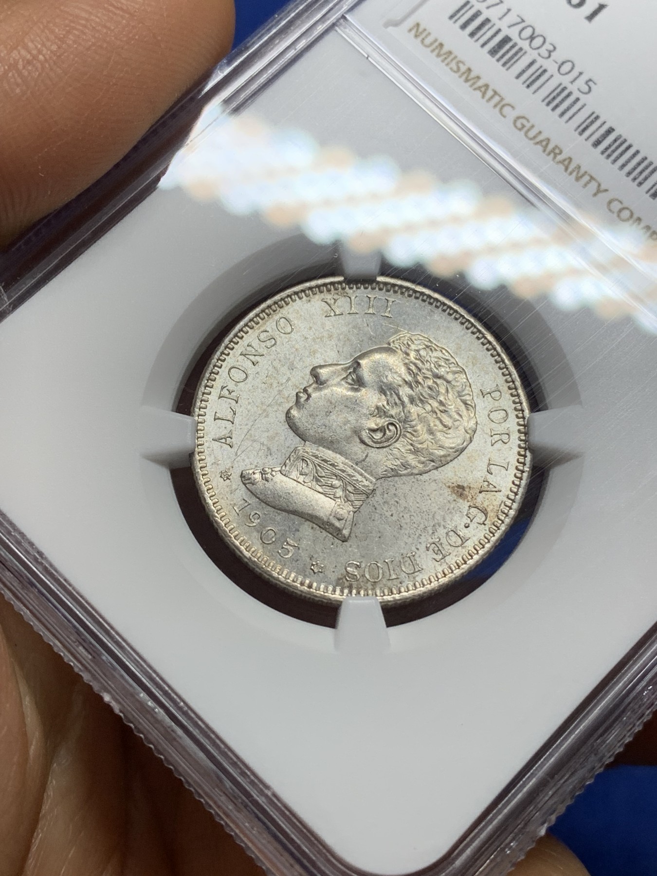 《竞宝斋》第224场-周日，周一，周二 3场 (全场包邮) NGC-MS61 西班牙1905阿方索十三世2比塞塔银币