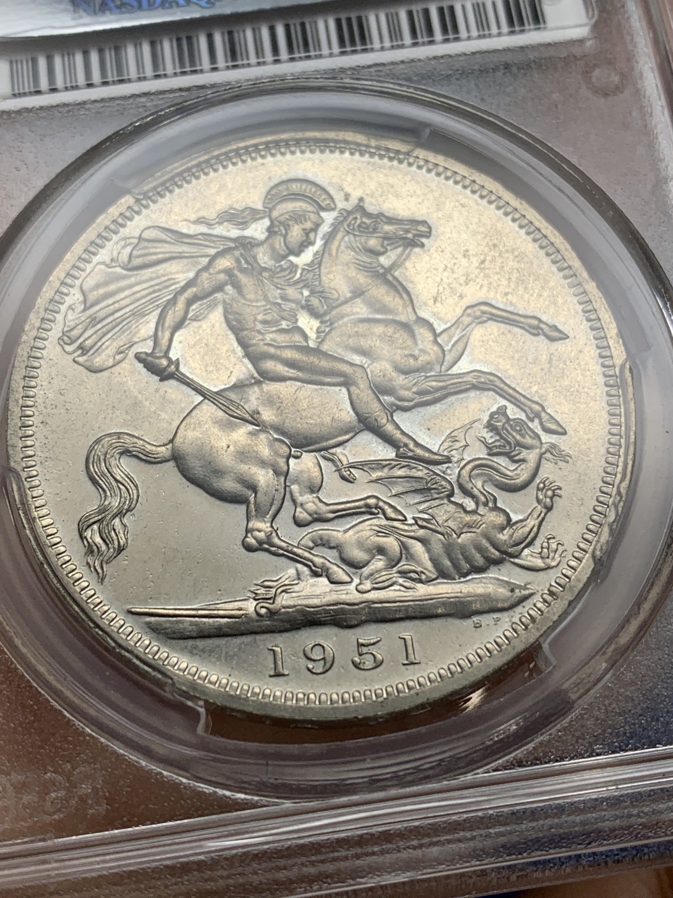 《竞宝斋》第224场-周日，周一，周二 3场 (全场包邮) PCGS PR61 英国1951年乔治六世精制镍马剑一克朗 精制版本很少见