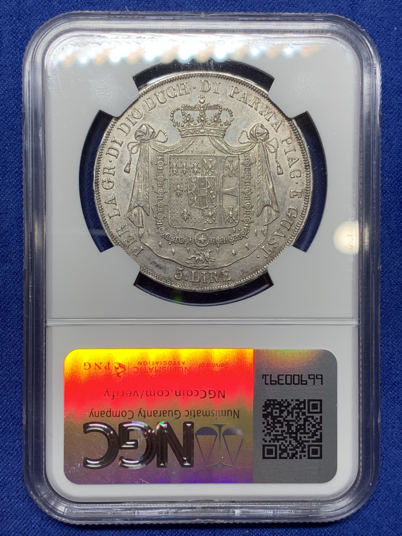《竞宝斋》第224场-周日，周一，周二 3场 (全场包邮) NGC AU58 意大利1815年帕尔马5里拉银币，原味好细节，性价比好，近年热门品种，日本AW拍卖的63分达到了创纪录4.5万人民币