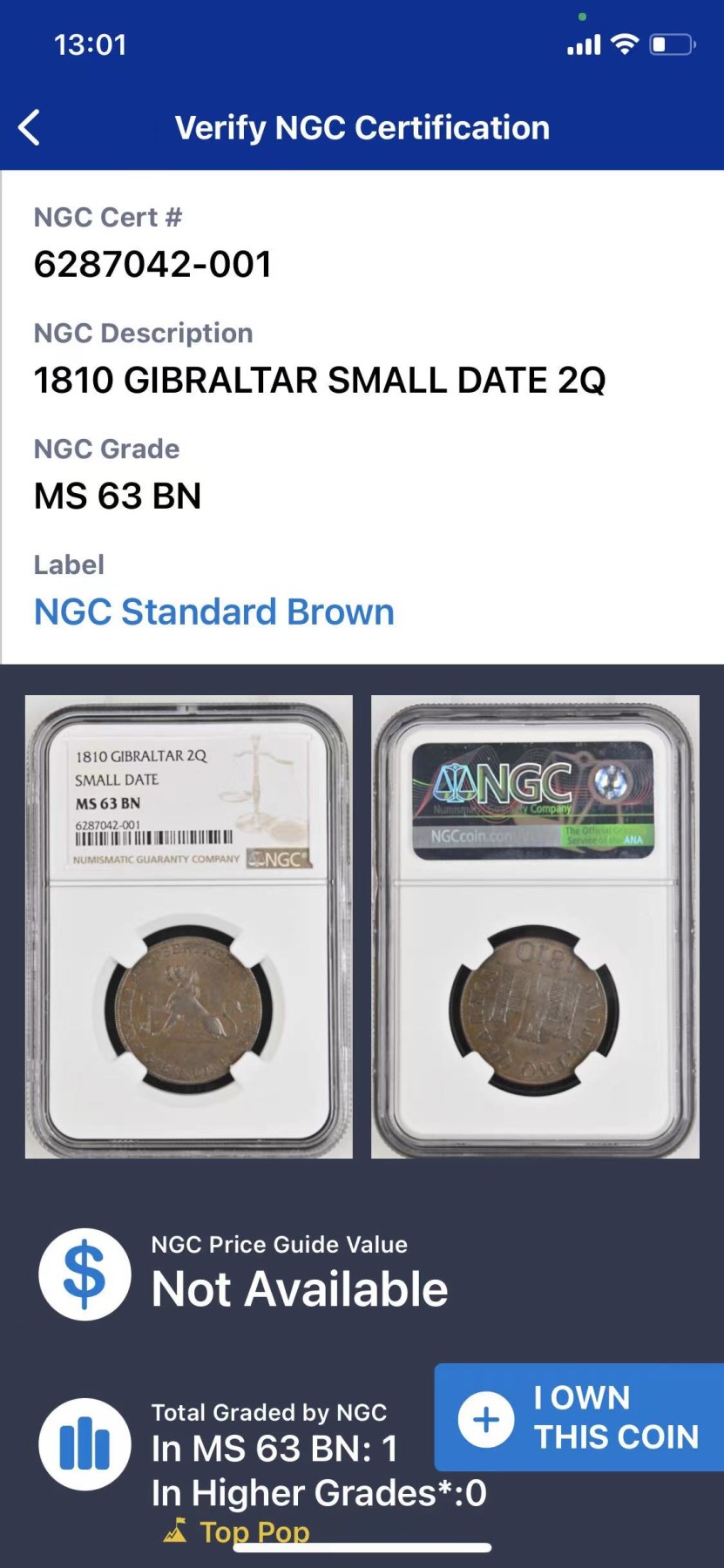 《竞宝斋》第224场-周日，周一，周二 3场 (全场包邮) 唯一冠军分 NGC MS63 BN 英属直布罗陀 1810  小字版 2夸脱 铜币 单年单版 稀见品种