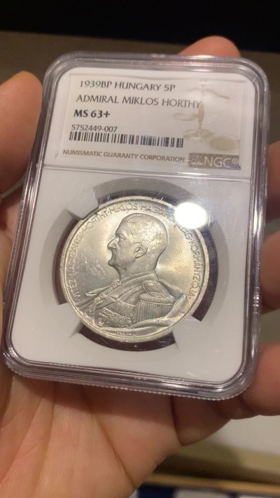 《竞宝斋》第224场-周日，周一，周二 3场 (全场包邮) NGC-MS63+ 1939年BP版匈牙利王国5潘果银币，正面著名摄政王霍尔蒂，高分经典品种