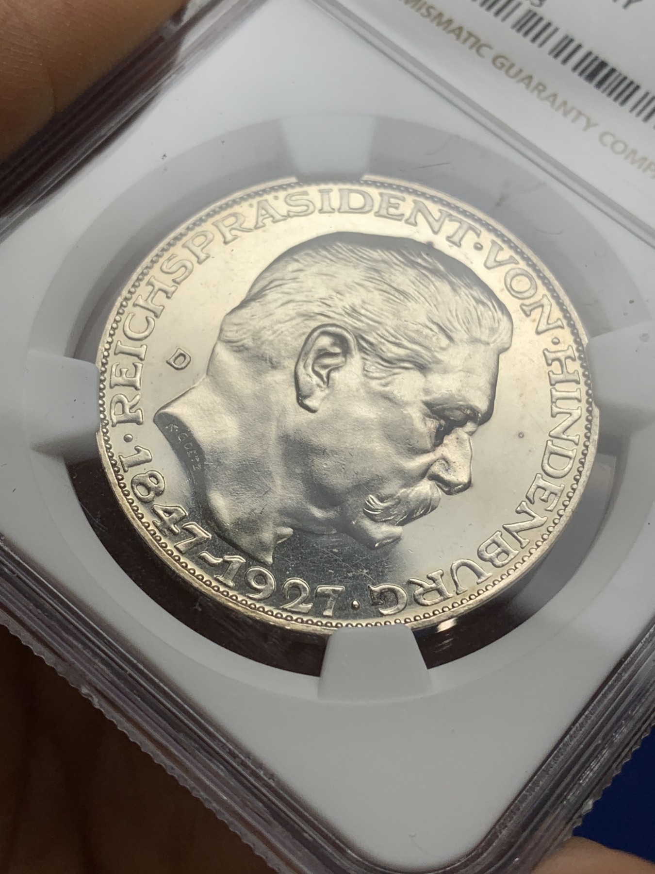 《竞宝斋》第224场-周日，周一，周二 3场 (全场包邮) NGC-MS61 德国 1927年 兴登堡5马克币章 打制精美 底板丝滑