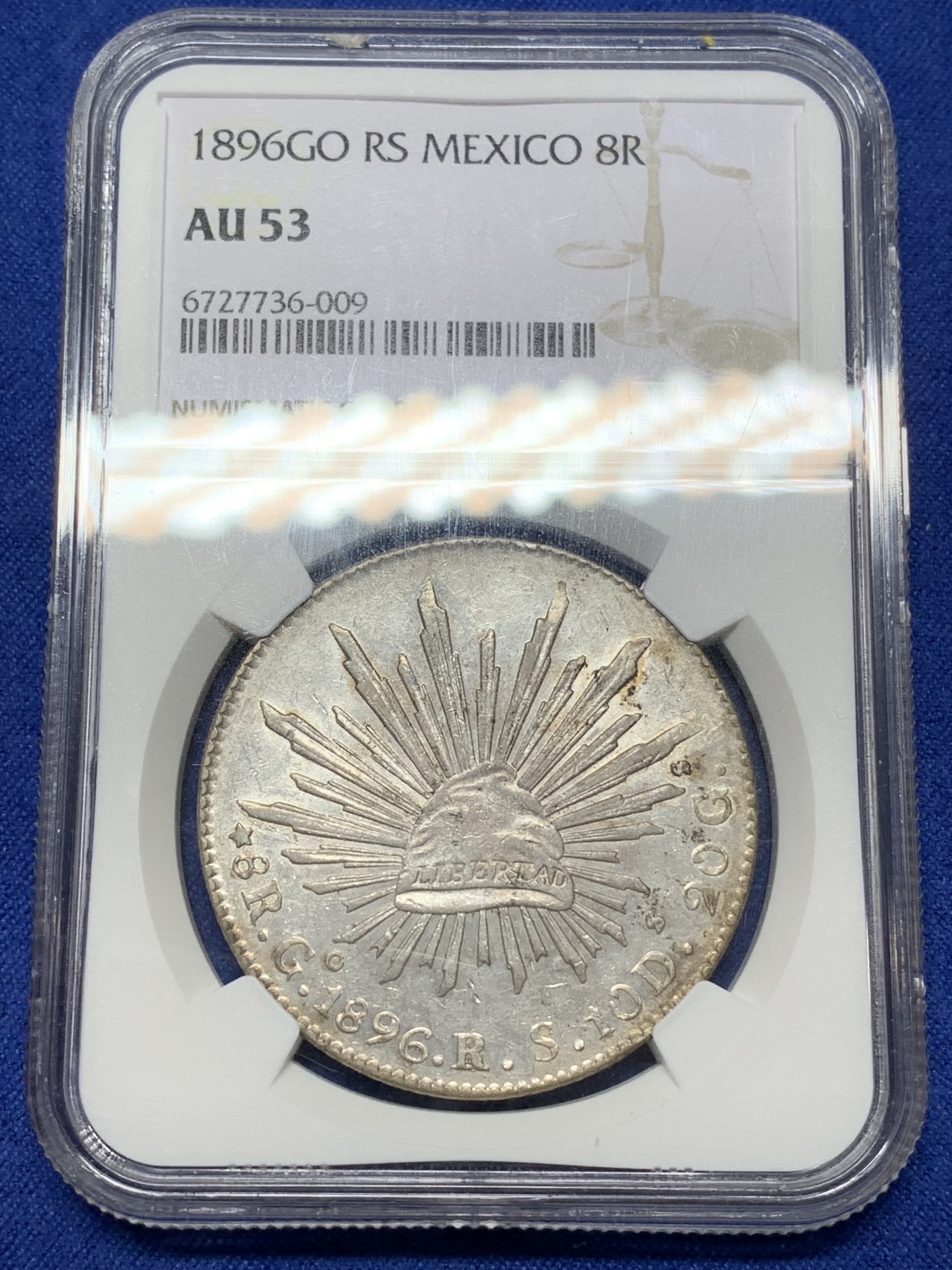 《竞宝斋》第224场-周日，周一，周二 3场 (全场包邮) NGC-AU53 墨西哥 1896年 8R 花边鹰洋 银币 GO RS 深打 状态好