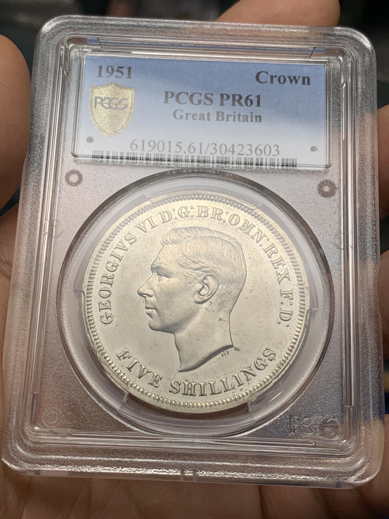 《竞宝斋》第224场-周日，周一，周二 3场 (全场包邮) PCGS PR61 英国1951年乔治六世精制镍马剑一克朗 精制版本很少见