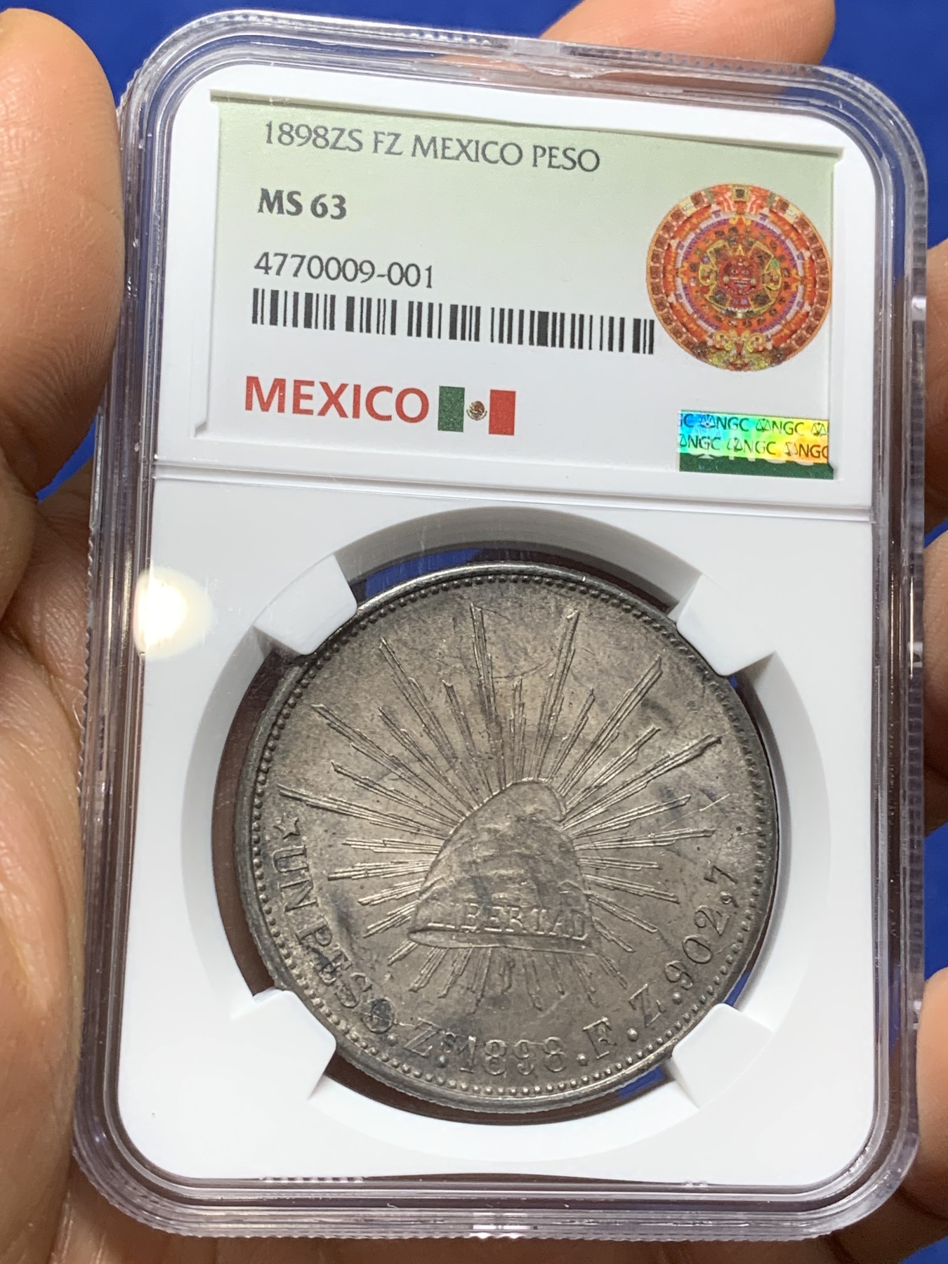 《竞宝斋》第224场-周日，周一，周二 3场 (全场包邮) NGC MS63 墨西哥1898年ZSFZ版直边鹰洋一比索银币 原铸版高分市面上见的不多 墨西哥本土ngc评级