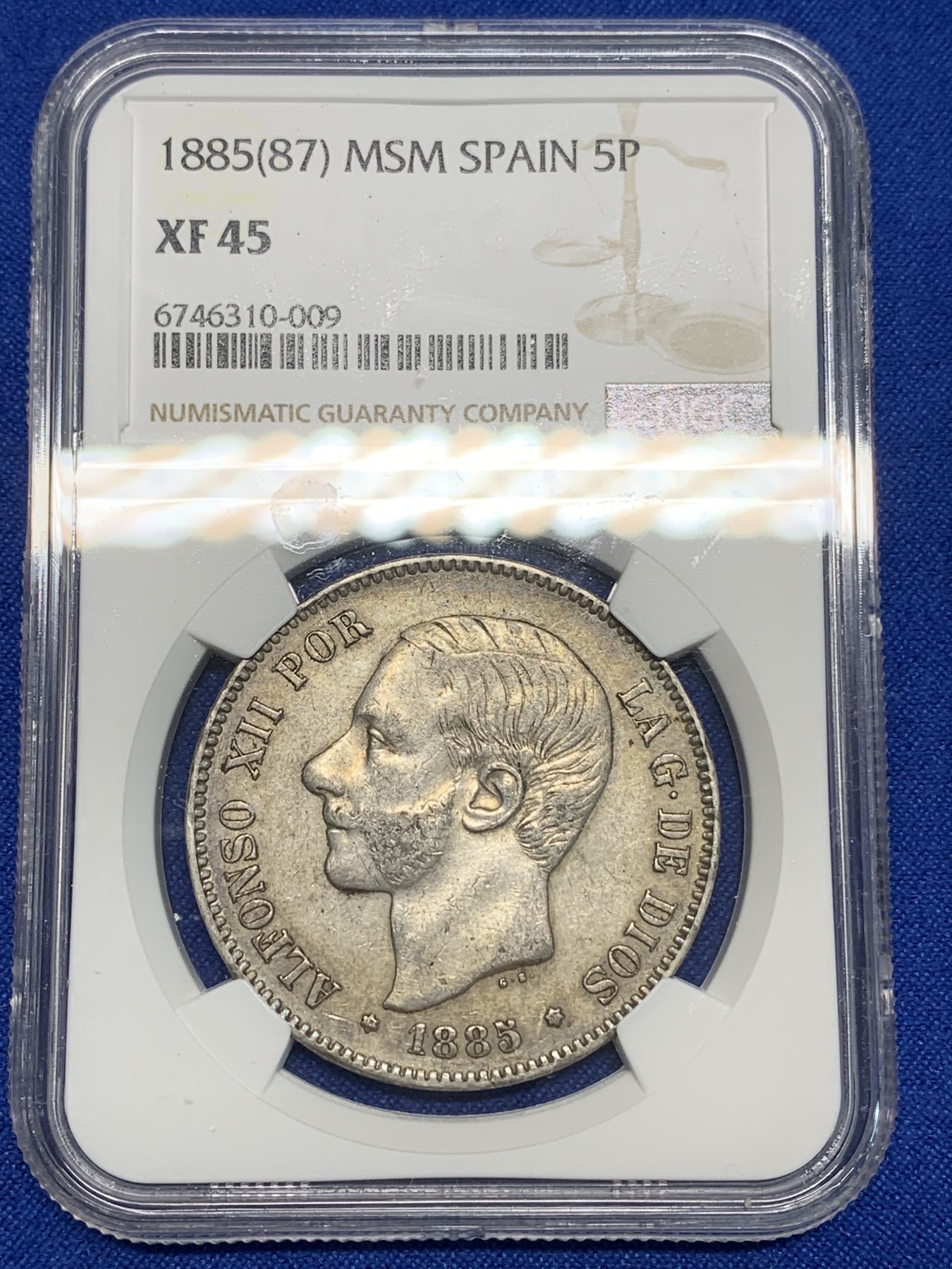 《竞宝斋》第224场-周日，周一，周二 3场 (全场包邮) NGC-XF45 西班牙1885年 阿方索十二世 5比塞塔双柱大银币