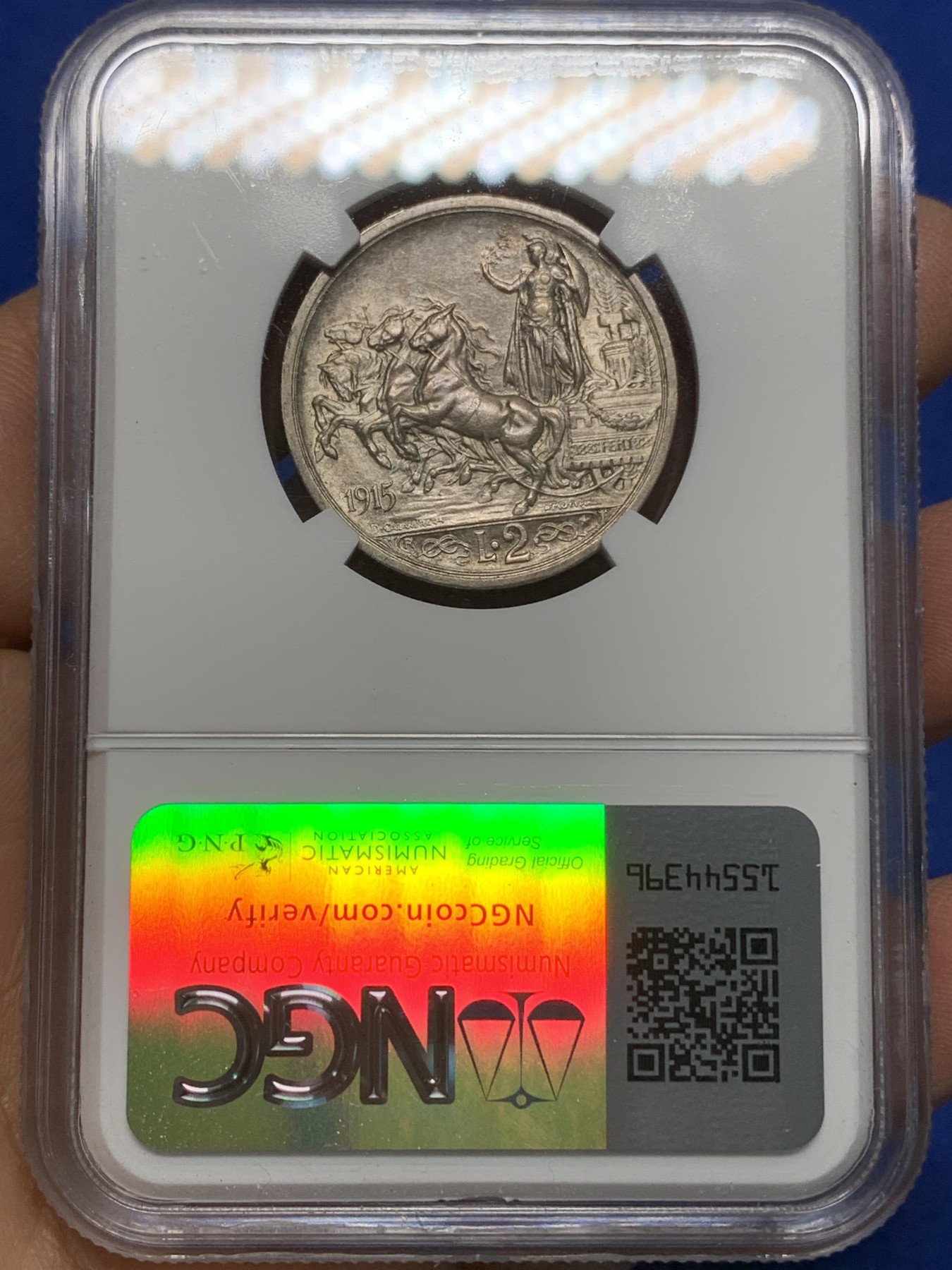 《竞宝斋》第224场-周日，周一，周二 3场 (全场包邮) NGC MS62 意大利1915-R 女神马车 2里拉银币