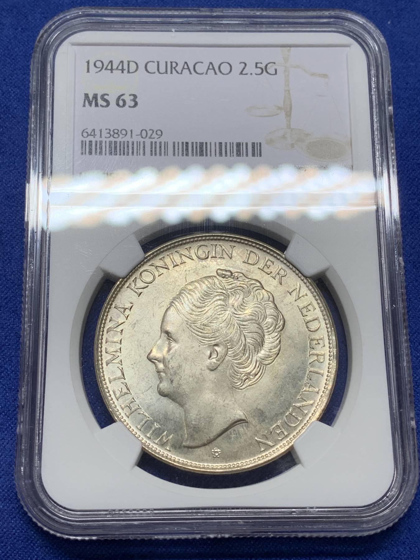 《竞宝斋》第224场-周日，周一，周二 3场 (全场包邮) NGC MS63 荷属库拉索1944D女王威廉明娜2.5盾银币