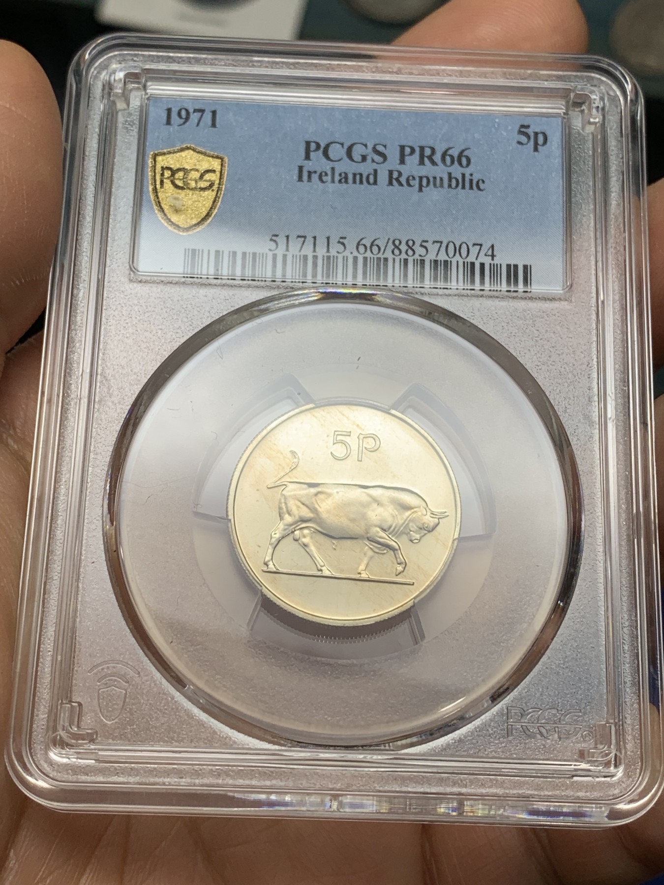 《竞宝斋》第224场-周日，周一，周二 3场 (全场包邮) PCGS金盾 PR66 爱尔兰1971年爱尔兰牛5便士精制镍币