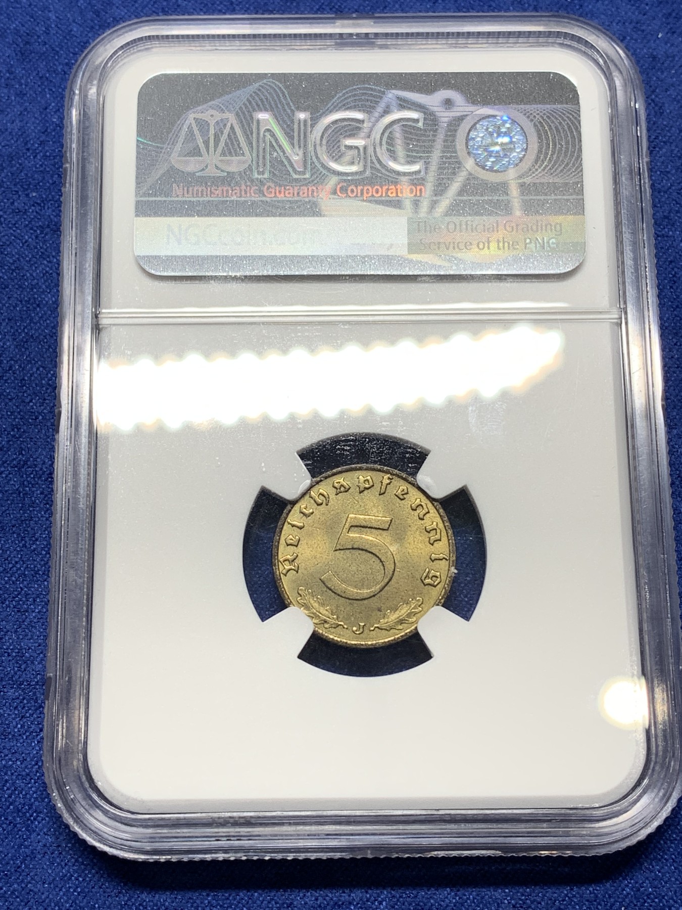 《竞宝斋》第224场-周日，周一，周二 3场 (全场包邮) NGC-MS64 1937年J版德三5芬尼辅币，是常见的A版铸造量的1/4倍，分数不错