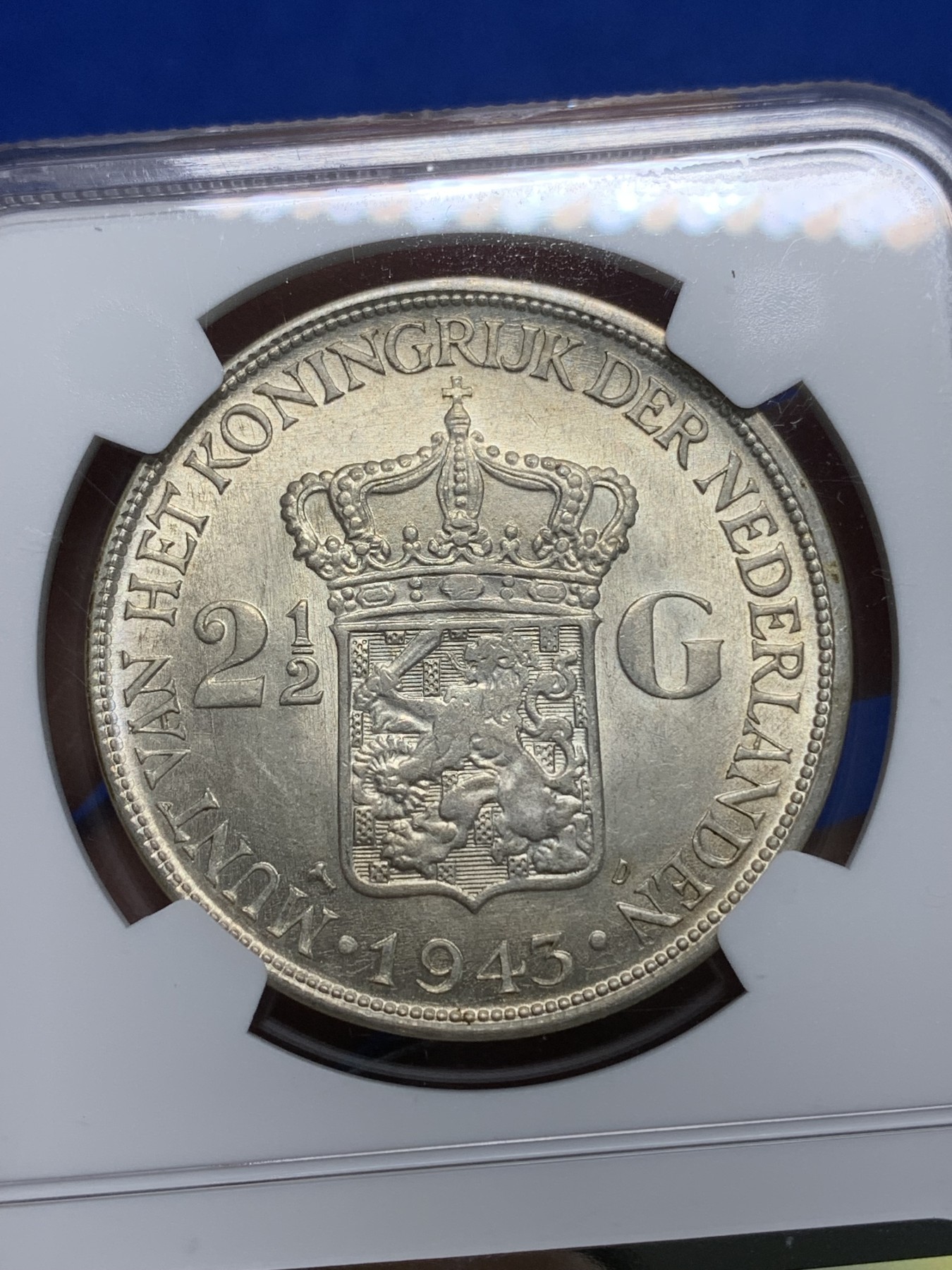 《竞宝斋》第224场-周日，周一，周二 3场 (全场包邮) NGC-MS62 荷属东印度1943年威廉明娜女王2.5盾大银币