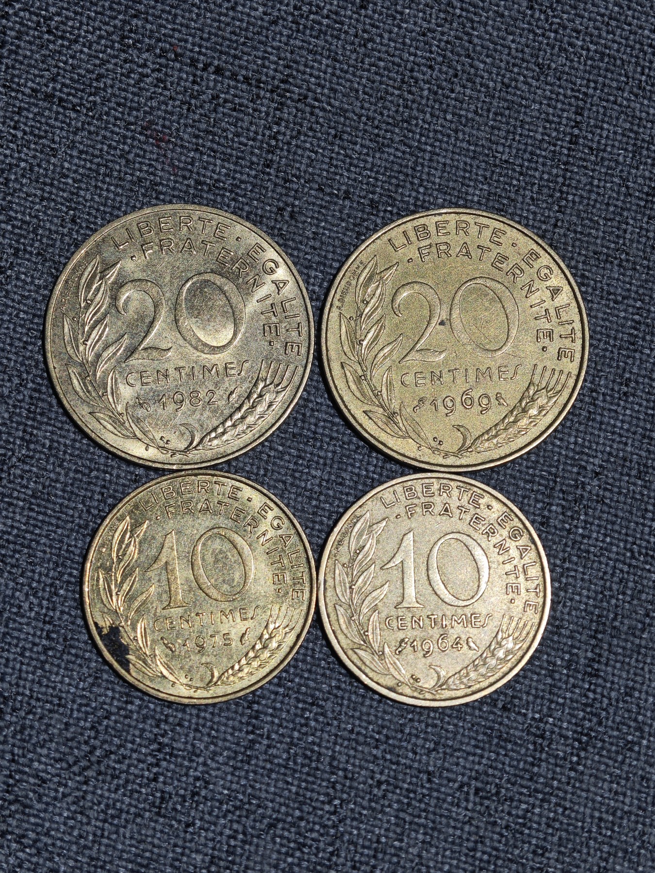 外国硬币收藏第5期 法国老版女神20、10分铜币4枚
