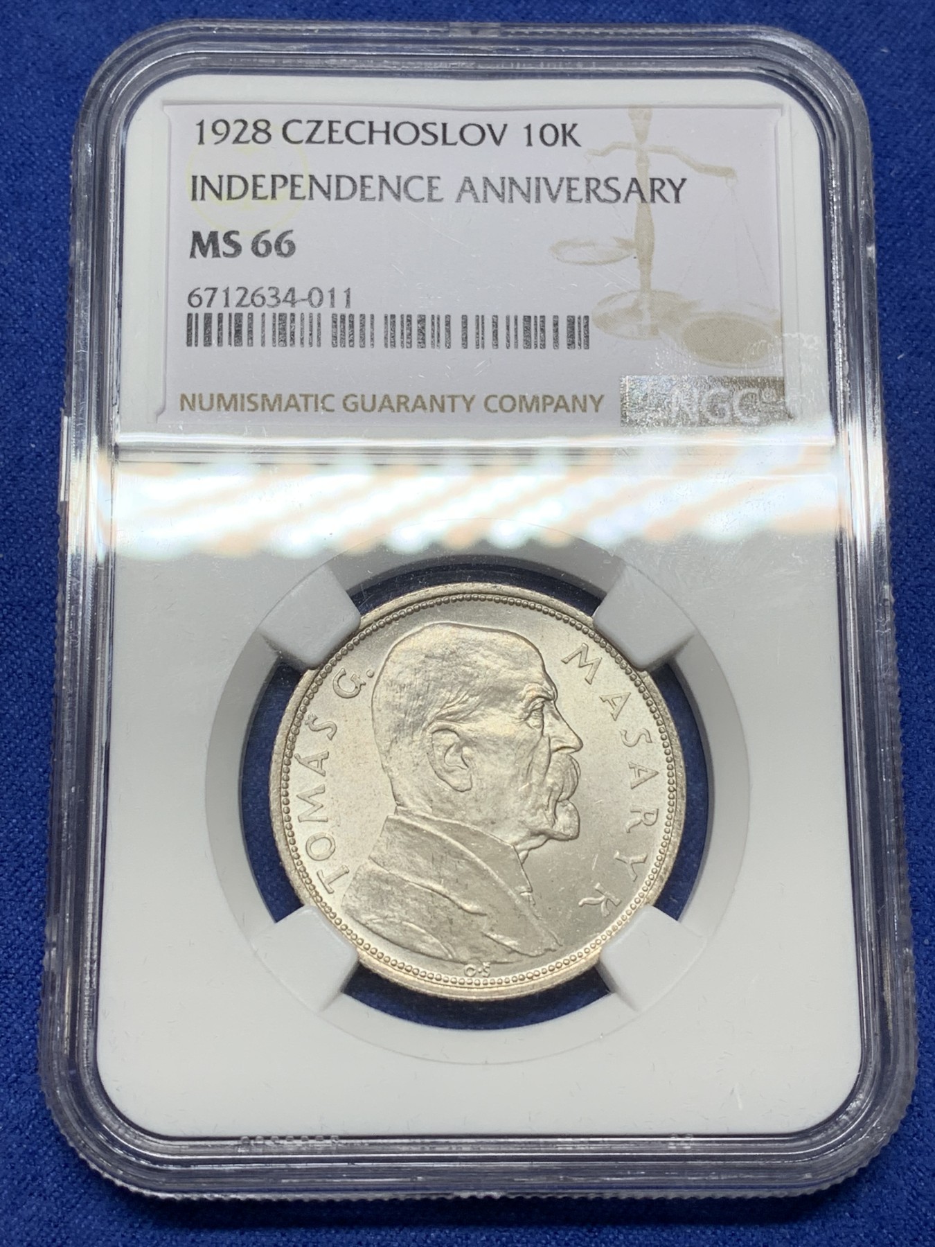 《竞宝斋》第224场-周日，周一，周二 3场 (全场包邮) NGC-MS66 1928年捷克斯洛伐克独立10周年10K纪念银币，两面车轮转光