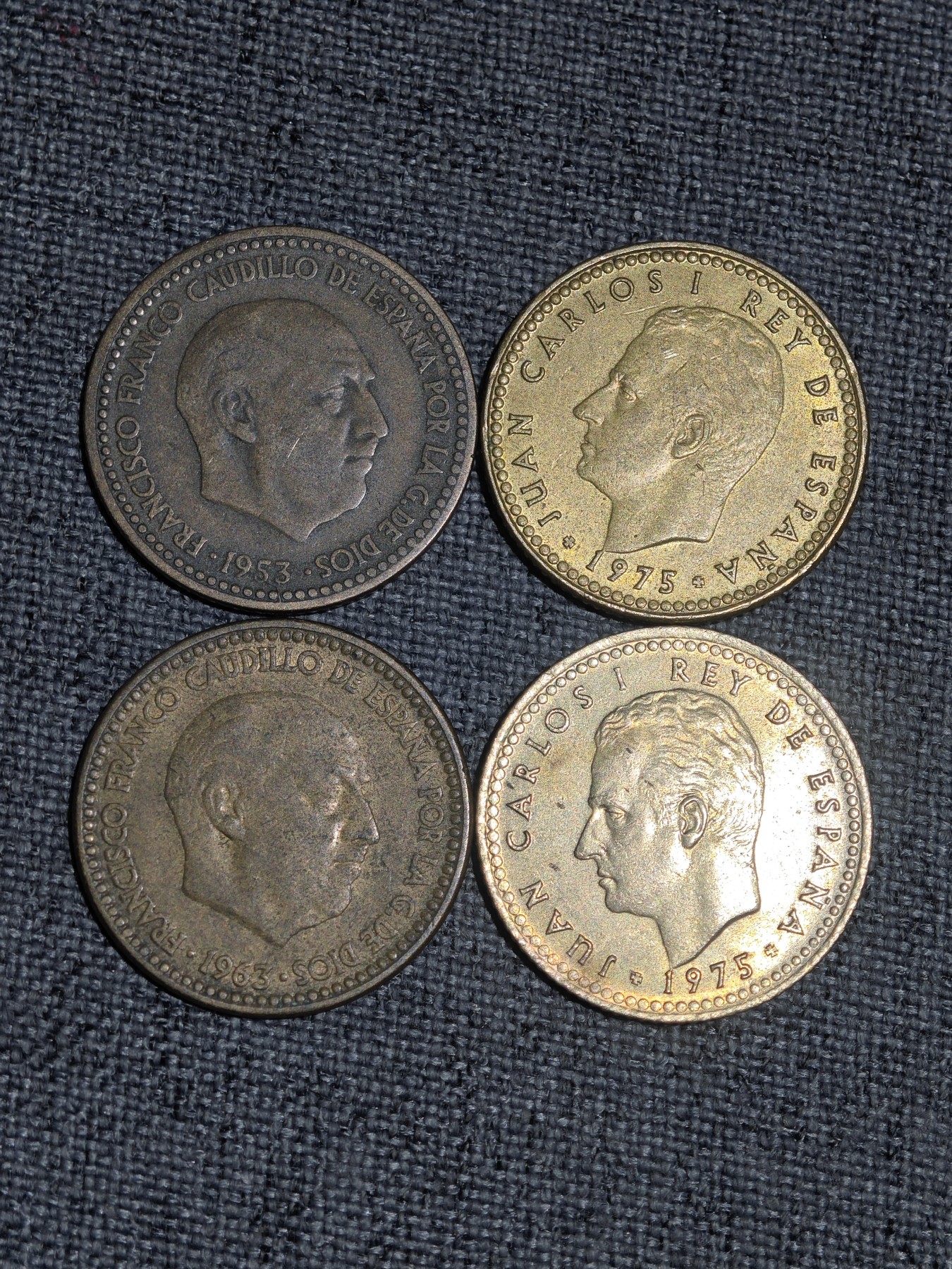 外国硬币收藏第5期 西班牙弗朗哥、胡安卡洛斯新旧时代1比塞塔4枚