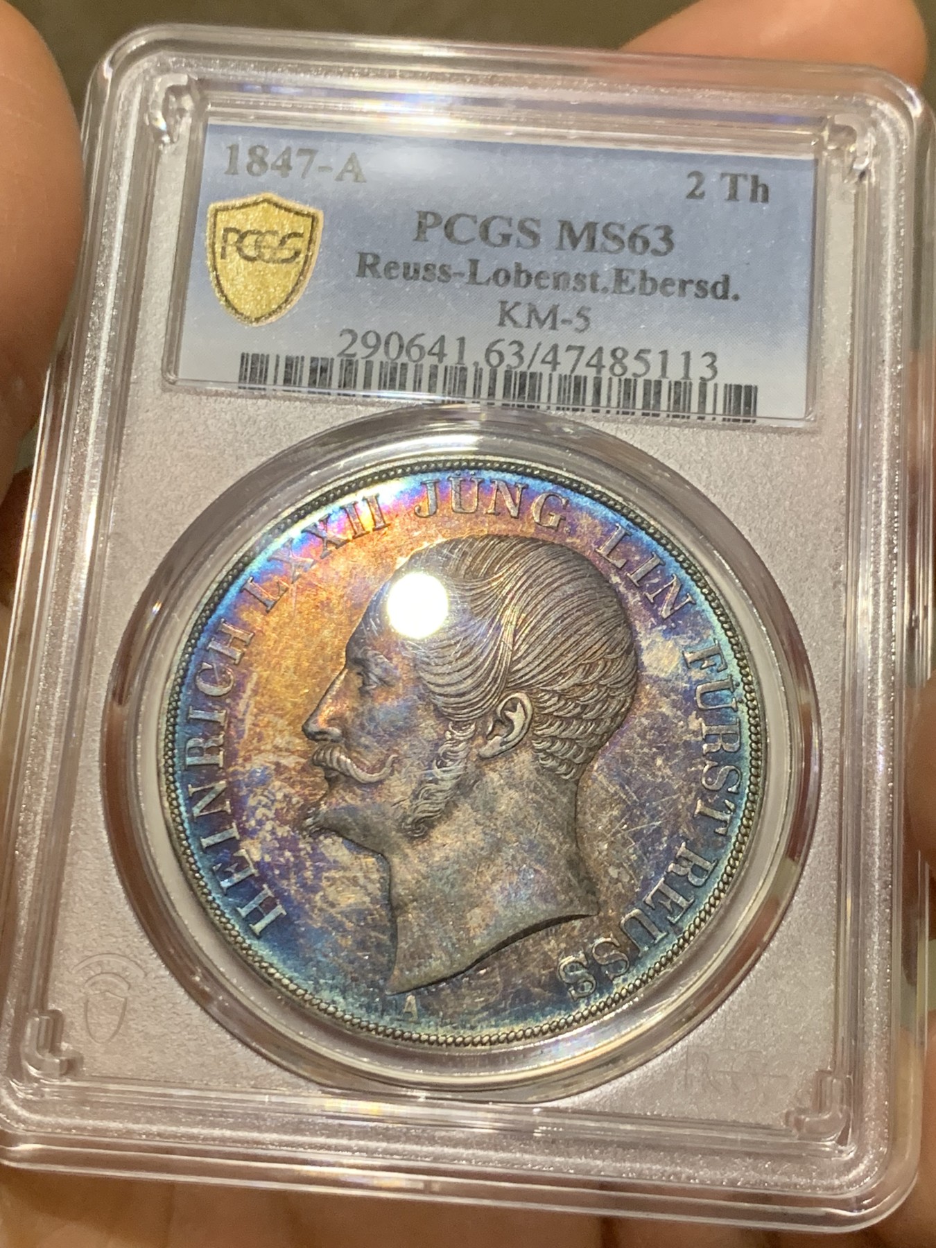 《竞宝斋》第224场-周日，周一，周二 3场 (全场包邮) 唯一亚军分 PCGS MS63 德国 1847 罗斯 海因里希六世 流通版2泰勒 37.1克大银币   绚丽五彩包浆 小邦稀少品种 不可错过 发行量克劳斯标注仅2750枚，德国目录标注5500枚