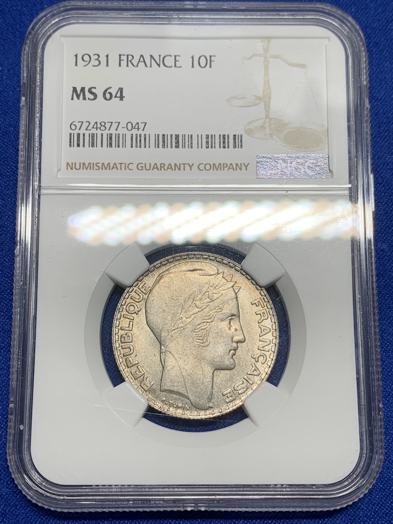 《竞宝斋》第224场-周日，周一，周二 3场 (全场包邮) NGC MS64 法国1931年谷物女神10法郎银币