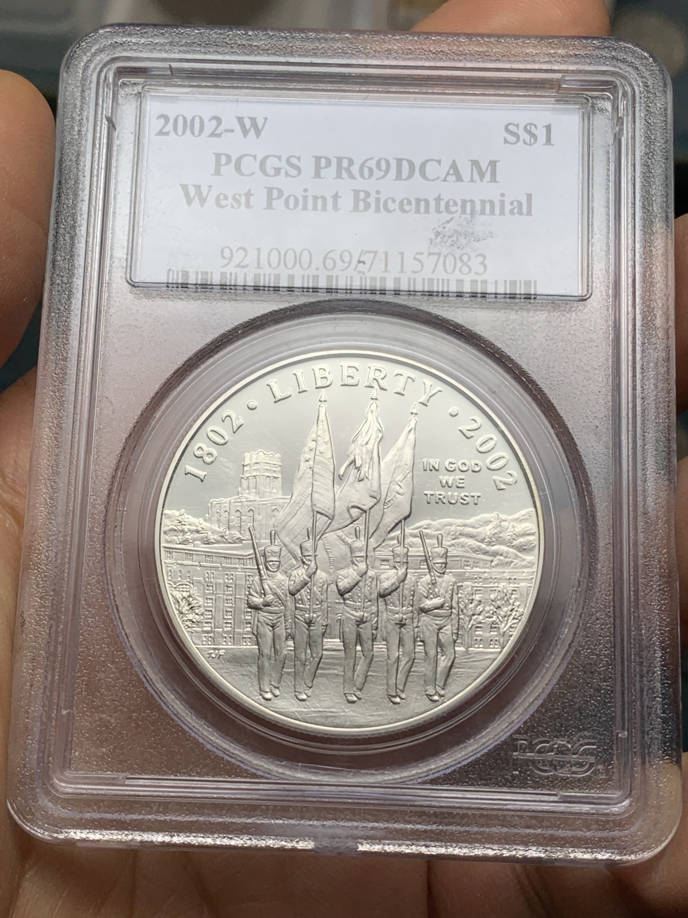 《竞宝斋》第224场-周日，周一，周二 3场 (全场包邮) PCGS-PR69DCAM 美国2002年西点军校建立200周年纪念精制银币，克劳斯获奖币