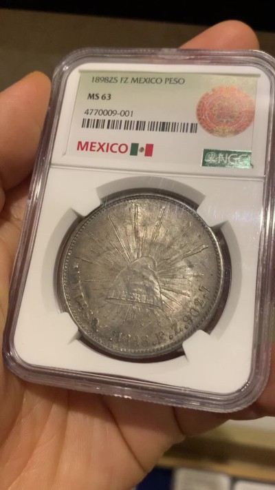 《竞宝斋》第224场-周日，周一，周二 3场 (全场包邮) NGC MS63 墨西哥1898年ZSFZ版直边鹰洋一比索银币 原铸版高分市面上见的不多 墨西哥本土ngc评级