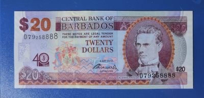 港、澳、台、中外钞、流水签、机签、箱包单、靓号专场第57期 - 巴巴多斯 2012年 20元 纸钞 银行成立40周年纪念钞 狮子号 D79258888 UNC一张～如图