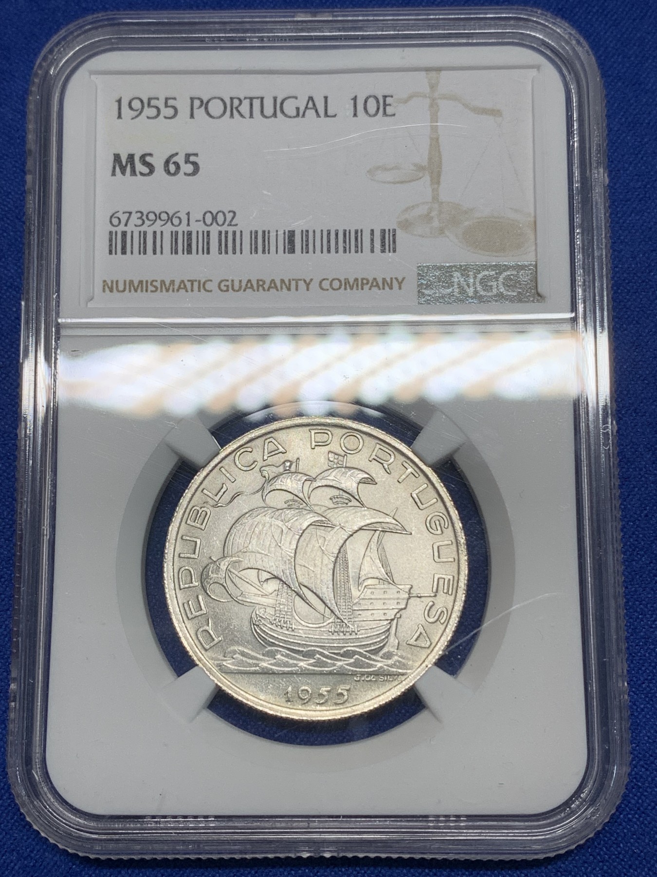 《竞宝斋》第224场-周日，周一，周二 3场 (全场包邮) NGC MS65 葡萄牙1955年大帆船10埃斯库多银币