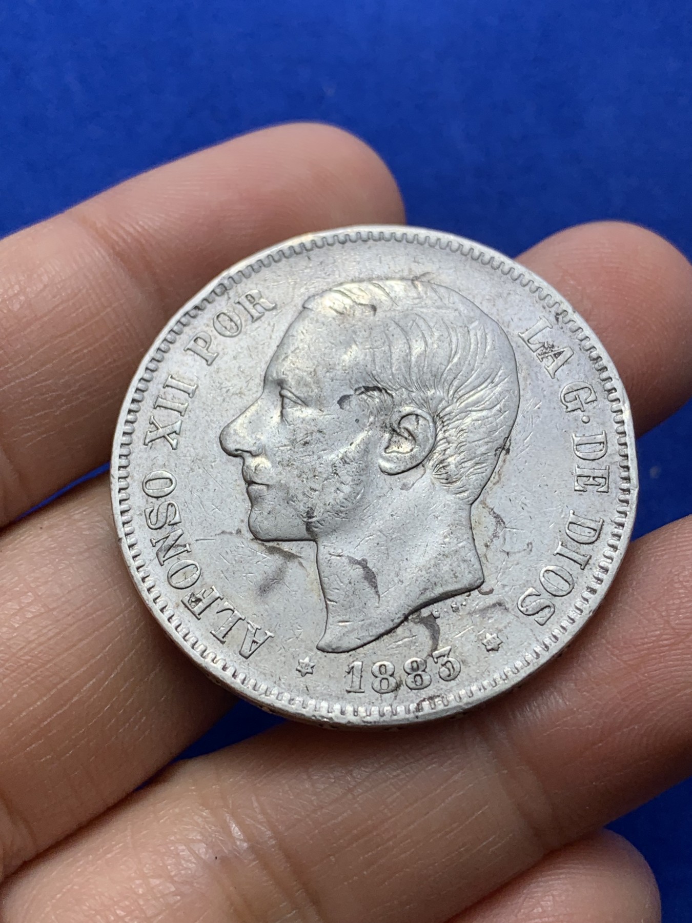 《竞宝斋》第224场-周日，周一，周二 3场 (全场包邮) 西班牙1883年阿方索十二世5比塞塔银币